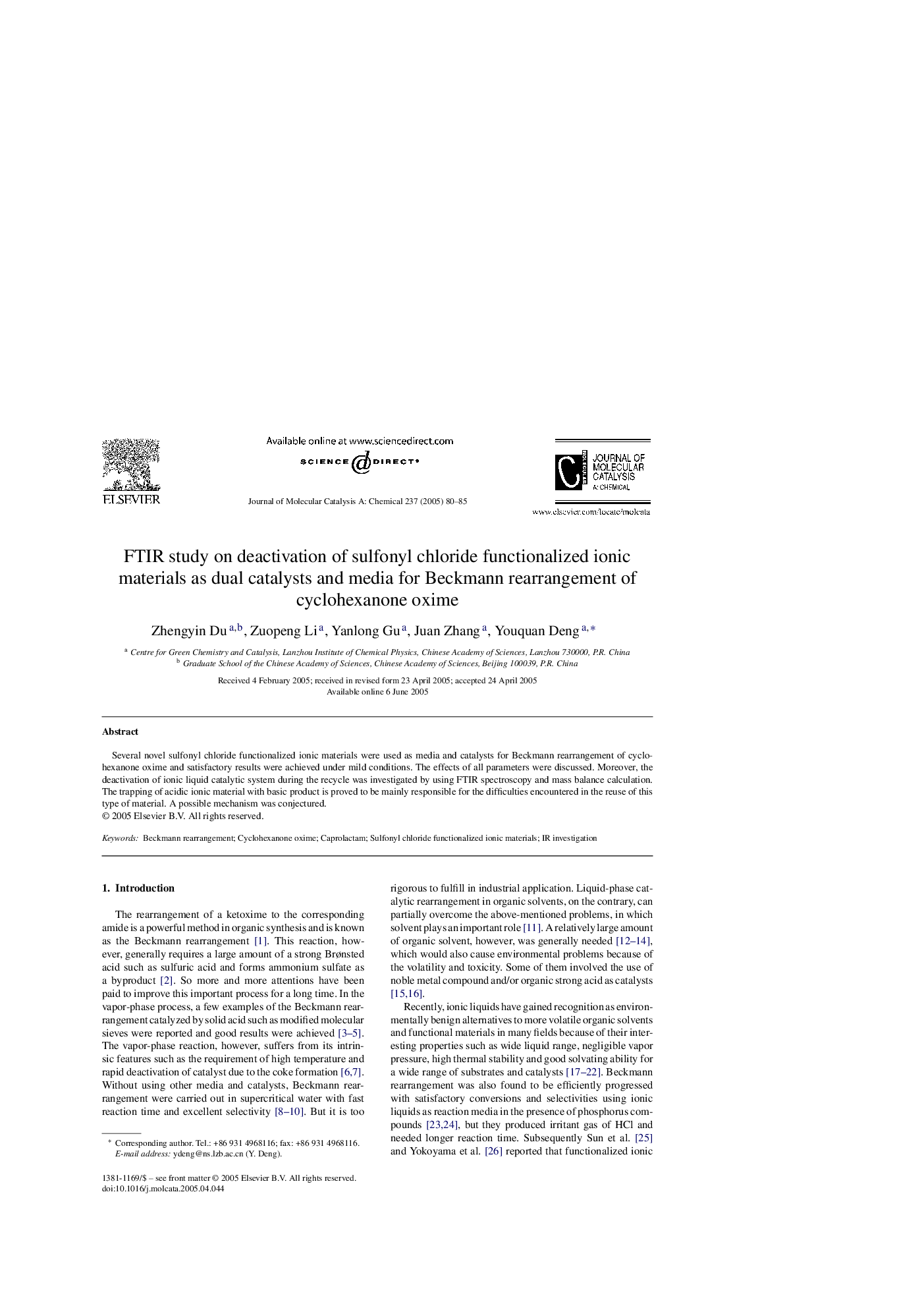 FTIR study on deactivation of sulfonyl chloride functionalized ionic materials as dual catalysts and media for Beckmann rearrangement of cyclohexanone oxime