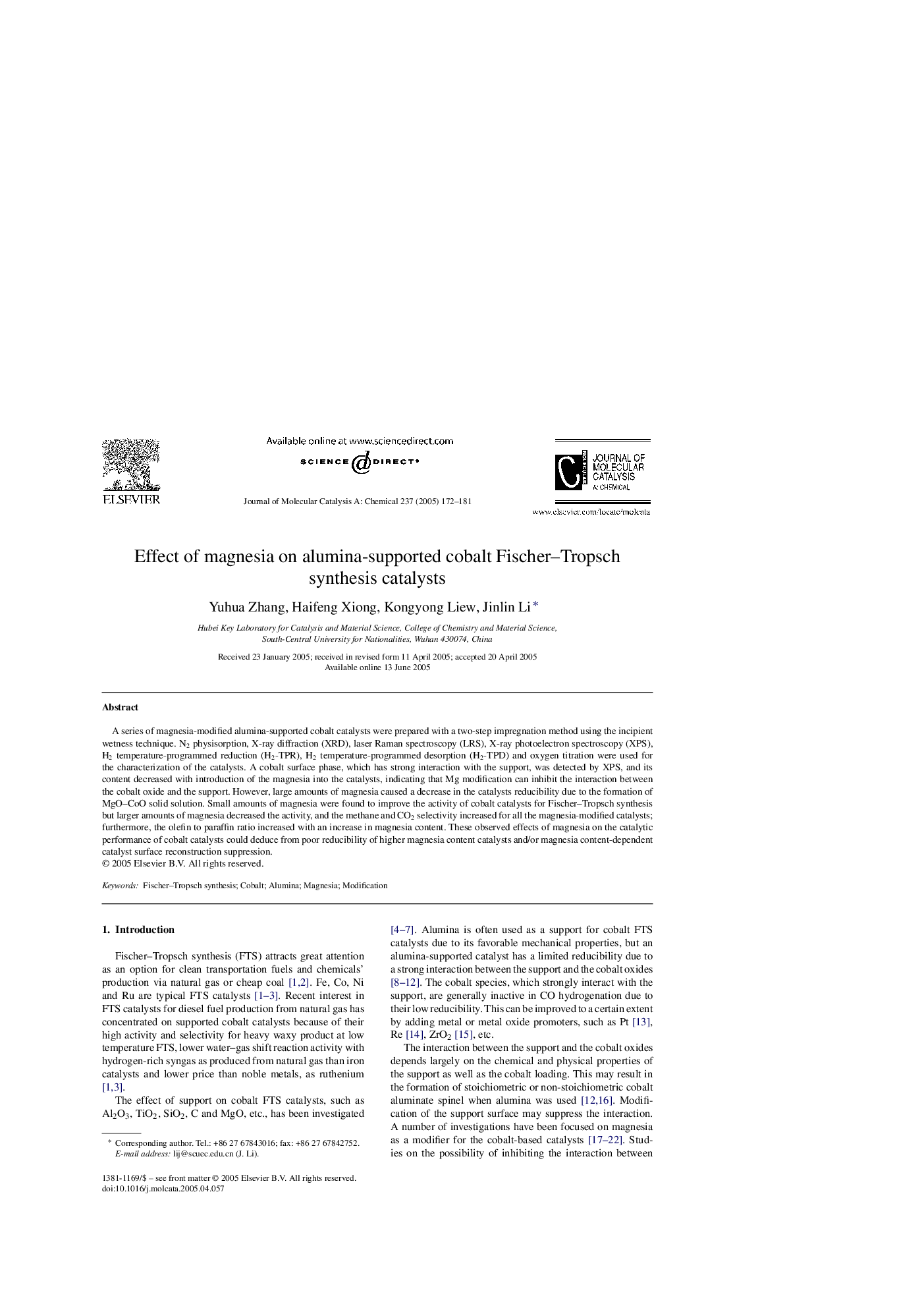 Effect of magnesia on alumina-supported cobalt Fischer-Tropsch synthesis catalysts