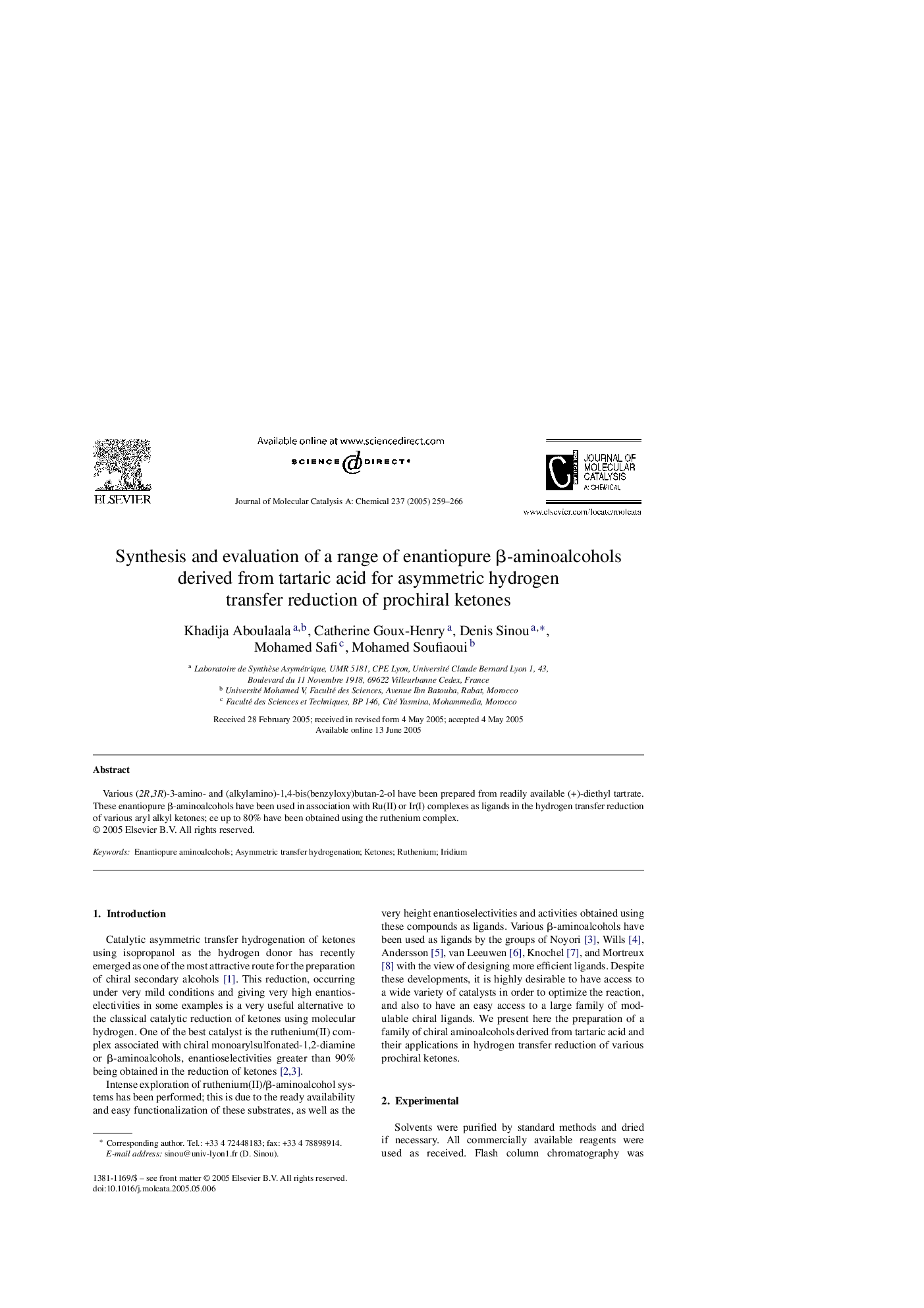 Synthesis and evaluation of a range of enantiopure Î²-aminoalcohols derived from tartaric acid for asymmetric hydrogen transfer reduction of prochiral ketones