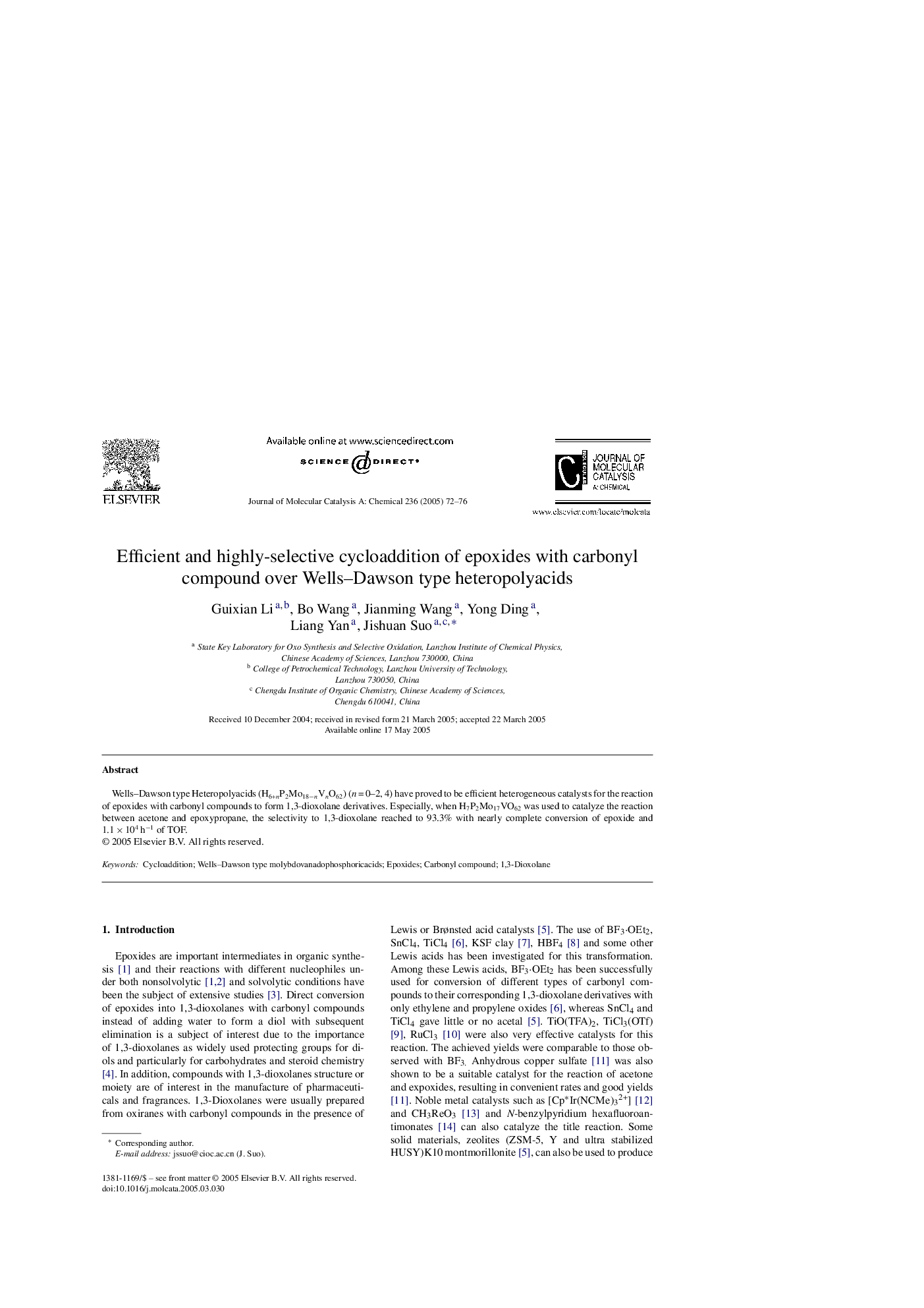 Efficient and highly-selective cycloaddition of epoxides with carbonyl compound over Wells-Dawson type heteropolyacids