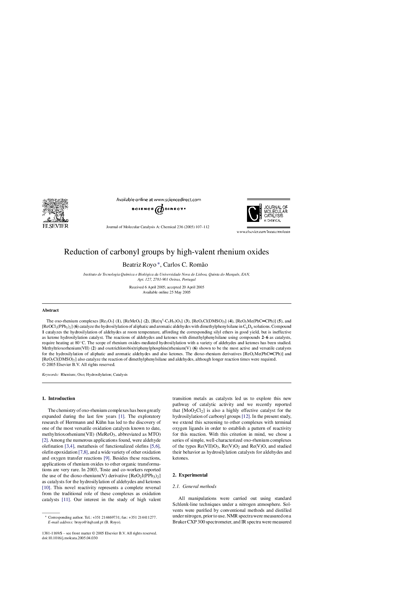 Reduction of carbonyl groups by high-valent rhenium oxides