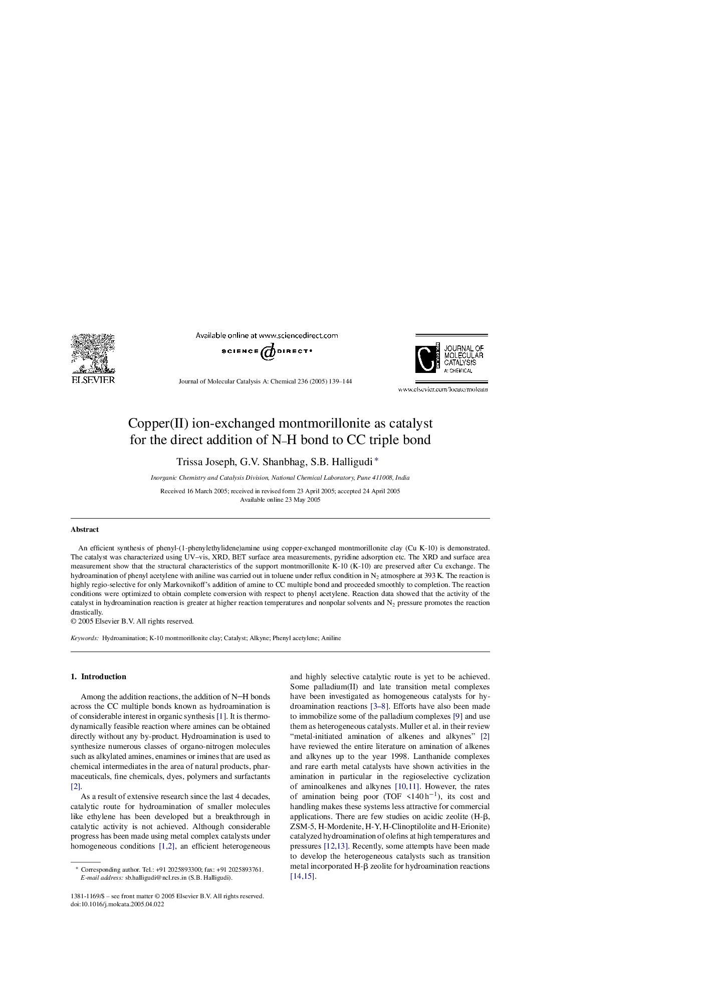 Copper(II) ion-exchanged montmorillonite as catalyst for the direct addition of NH bond to CC triple bond