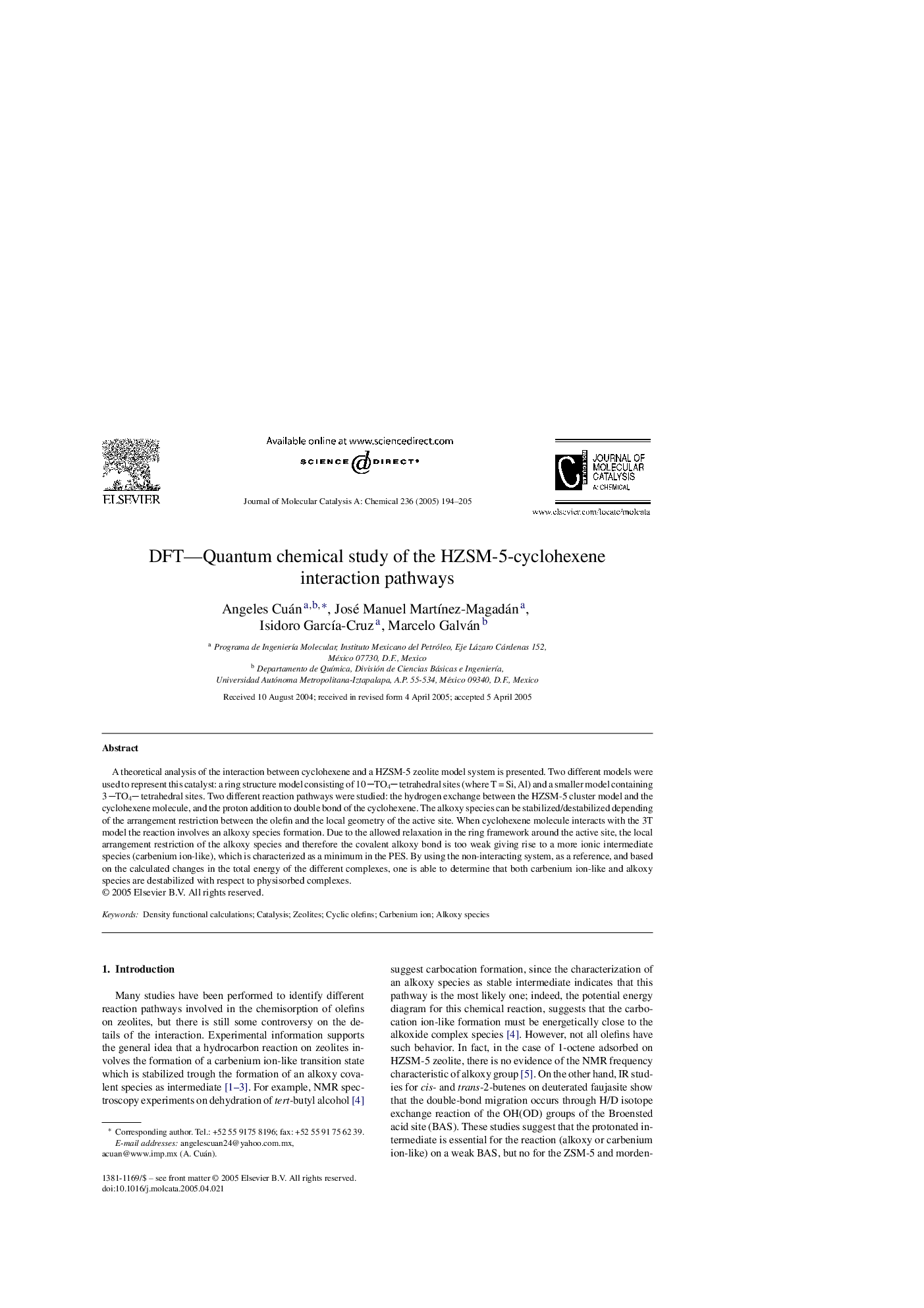 DFT-Quantum chemical study of the HZSM-5-cyclohexene interaction pathways