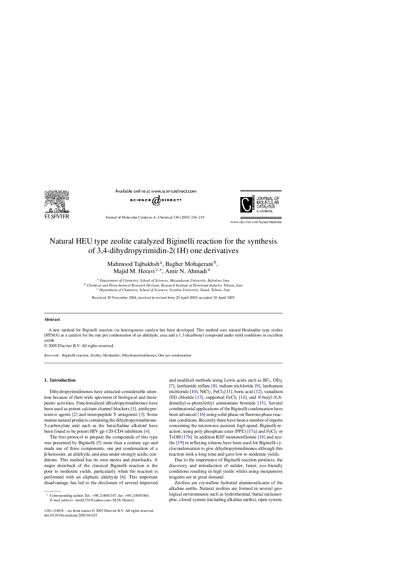 Natural HEU type zeolite catalyzed Biginelli reaction for the synthesis of 3,4-dihydropyrimidin-2(1H) one derivatives