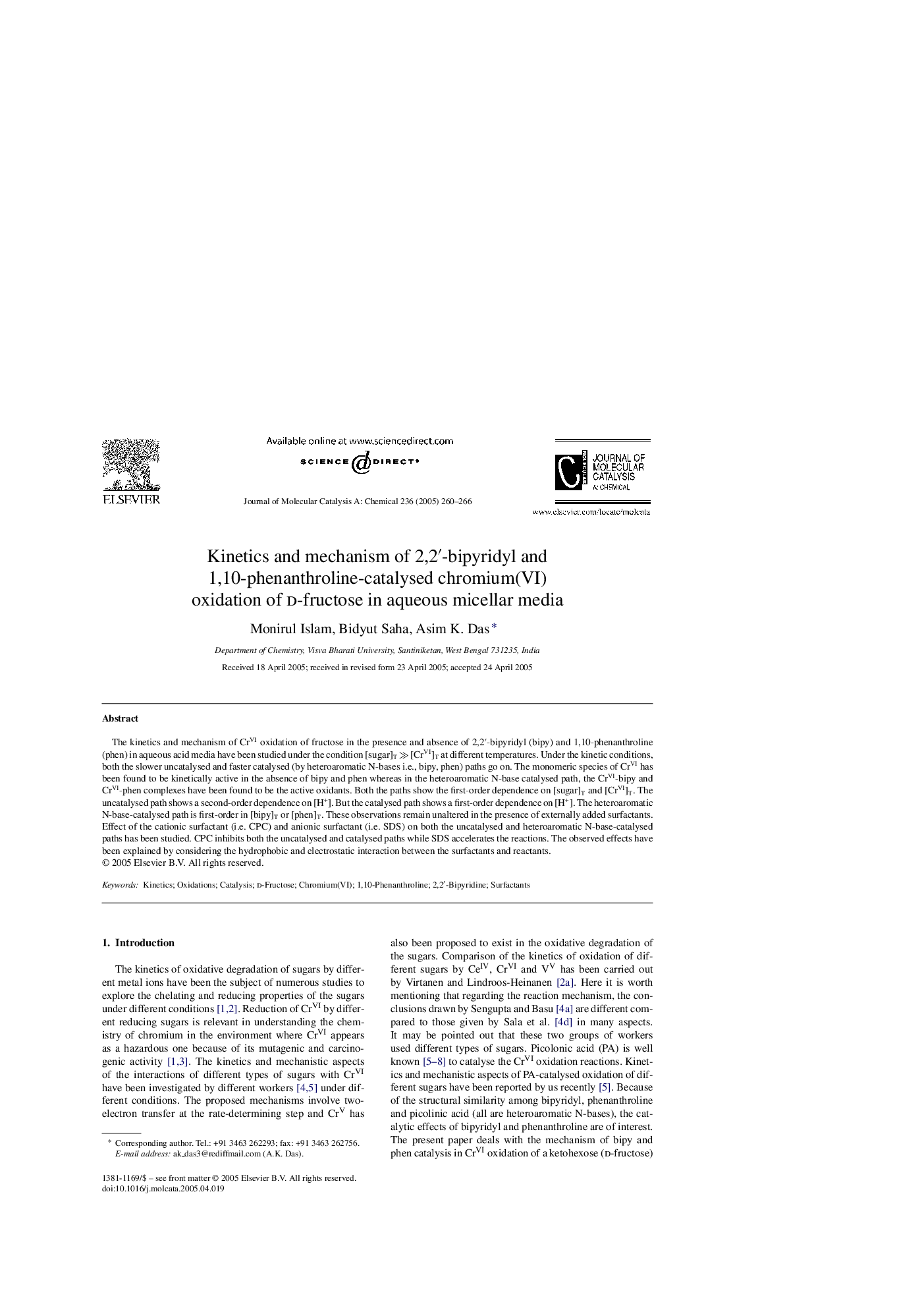 Kinetics and mechanism of 2,2â²-bipyridyl and 1,10-phenanthroline-catalysed chromium(VI) oxidation of d-fructose in aqueous micellar media