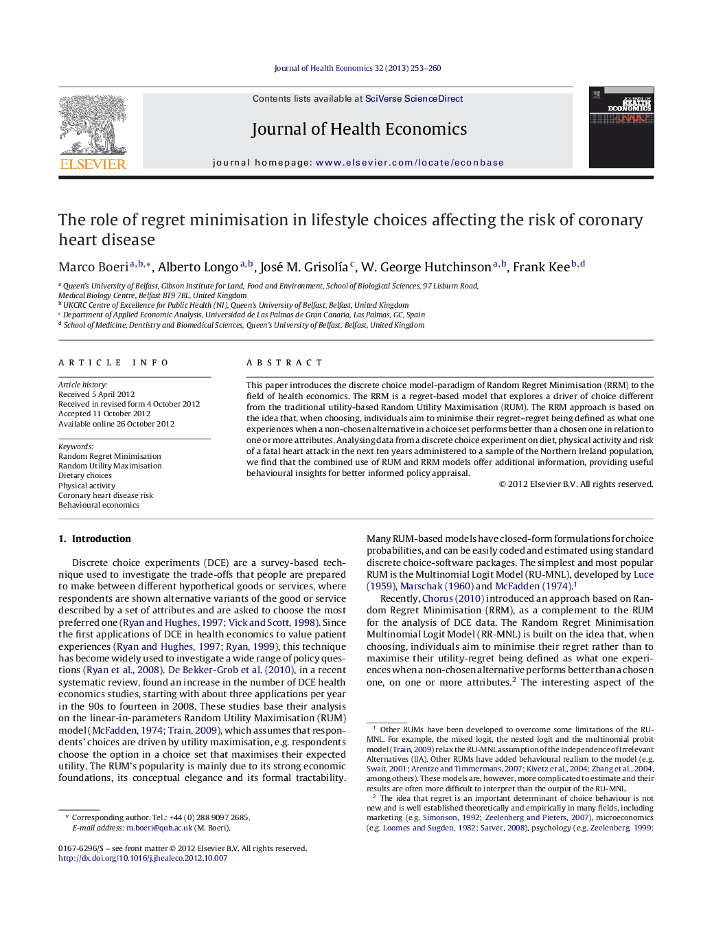 The role of regret minimisation in lifestyle choices affecting the risk of coronary heart disease