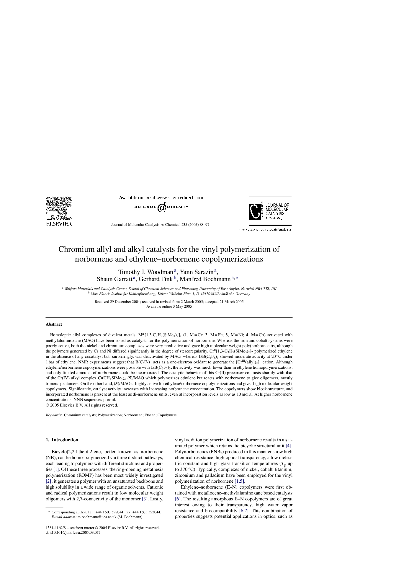 Chromium allyl and alkyl catalysts for the vinyl polymerization of norbornene and ethylene-norbornene copolymerizations