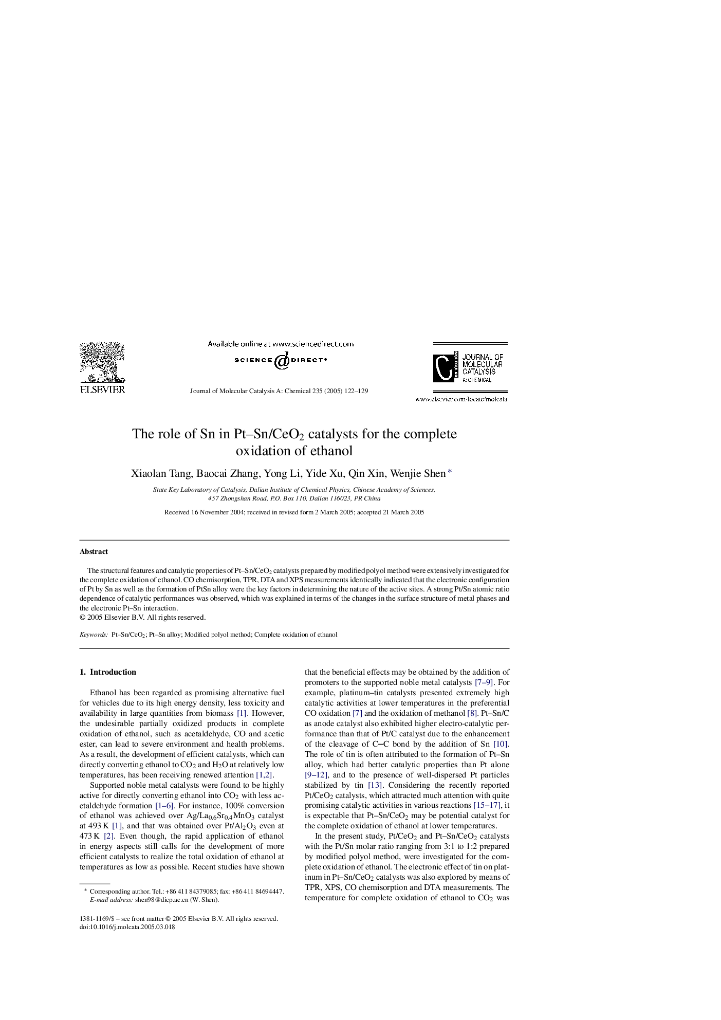 The role of Sn in Pt-Sn/CeO2 catalysts for the complete oxidation of ethanol