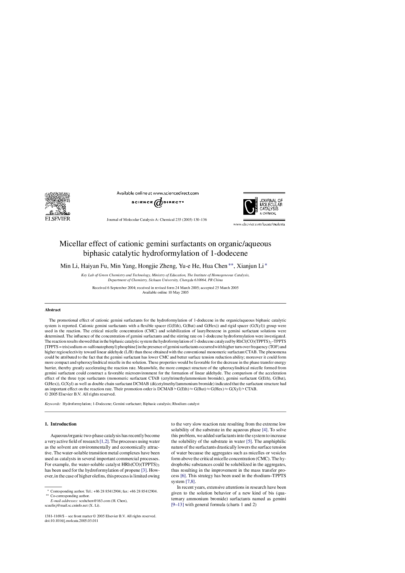 Micellar effect of cationic gemini surfactants on organic/aqueous biphasic catalytic hydroformylation of 1-dodecene