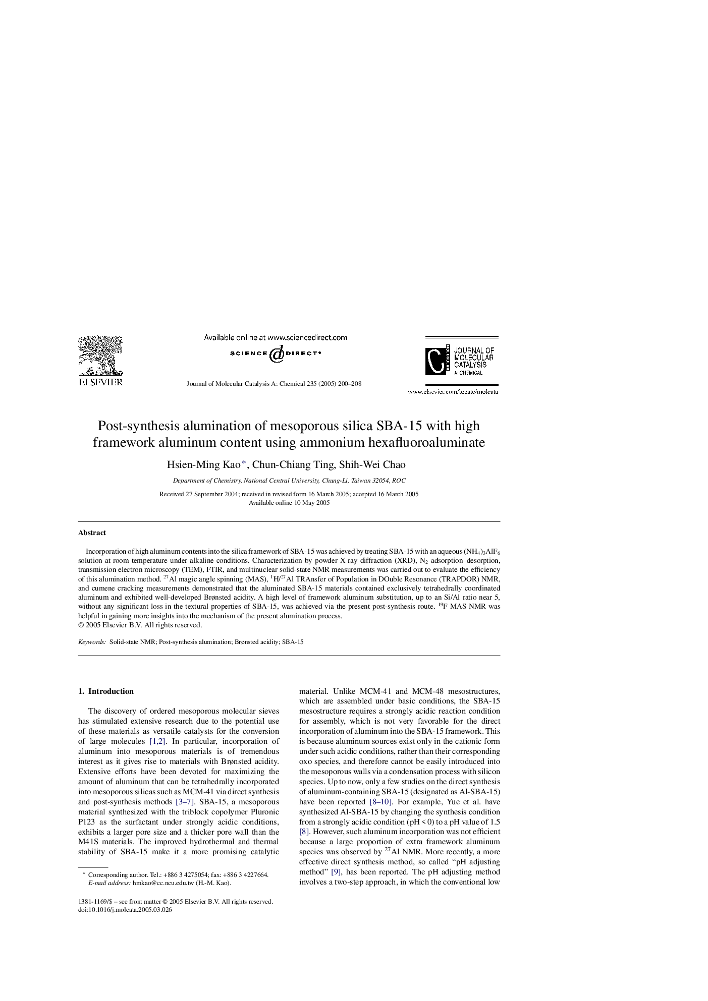 Post-synthesis alumination of mesoporous silica SBA-15 with high framework aluminum content using ammonium hexafluoroaluminate