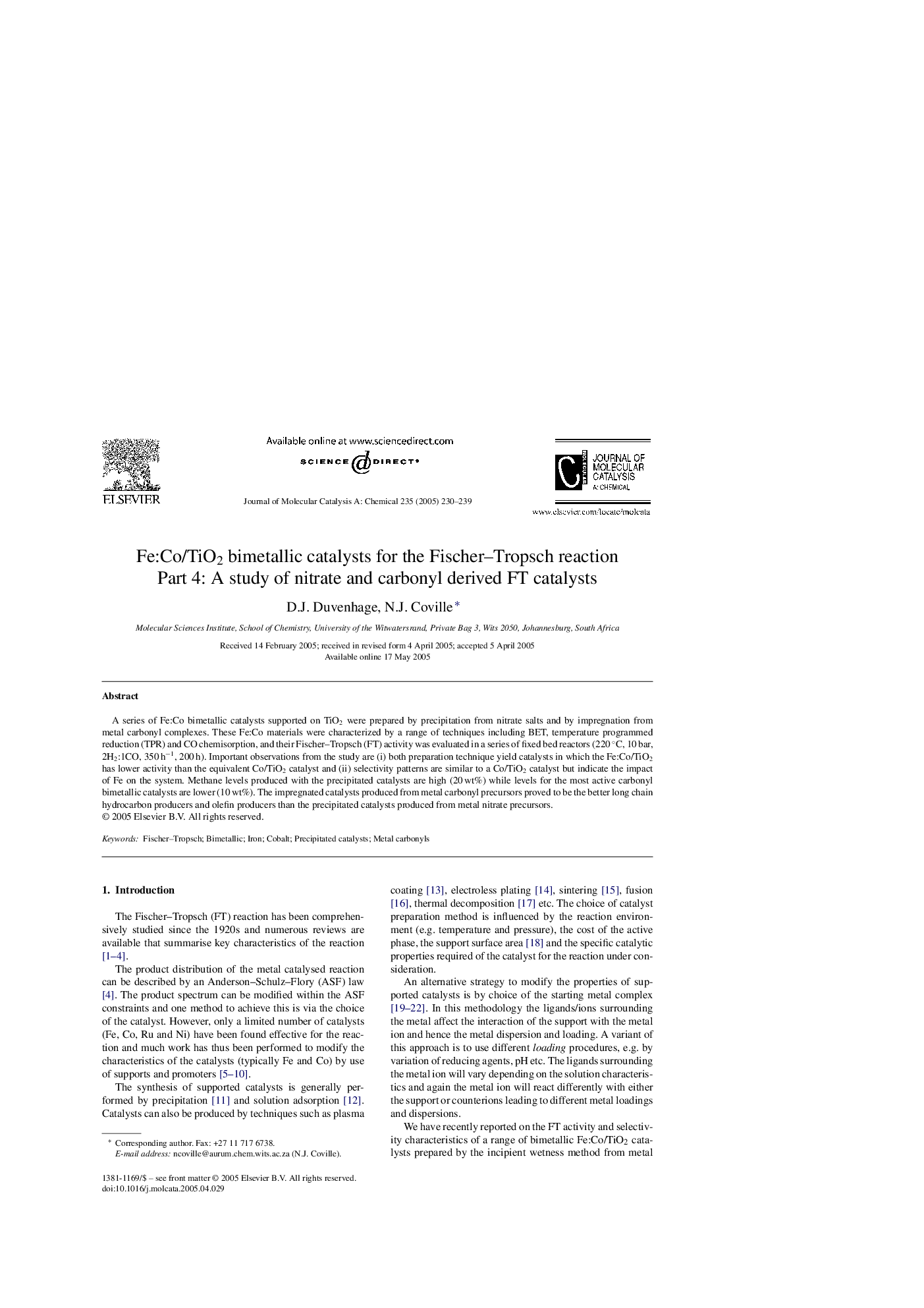Fe:Co/TiO2 bimetallic catalysts for the Fischer-Tropsch reaction