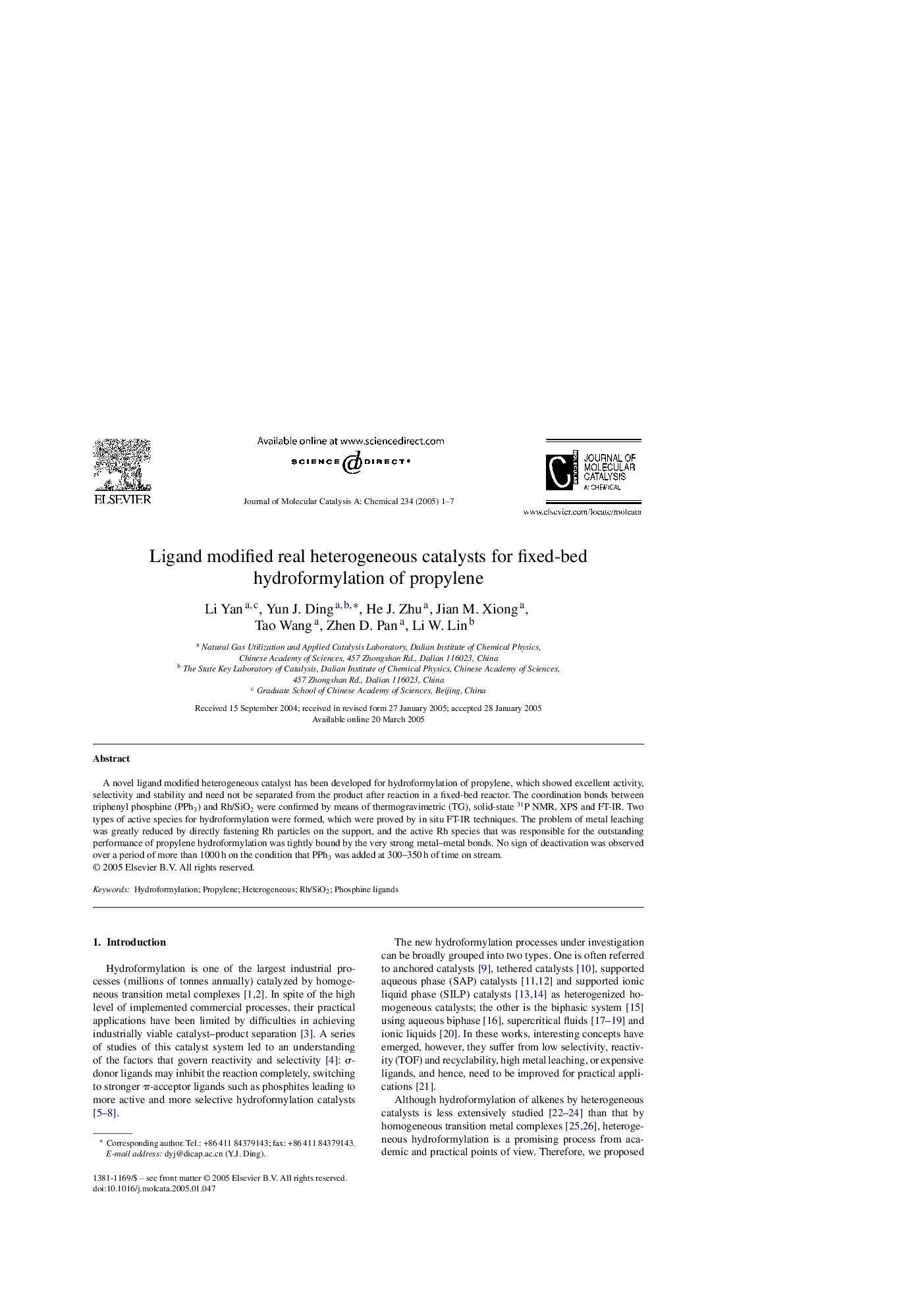 Ligand modified real heterogeneous catalysts for fixed-bed hydroformylation of propylene