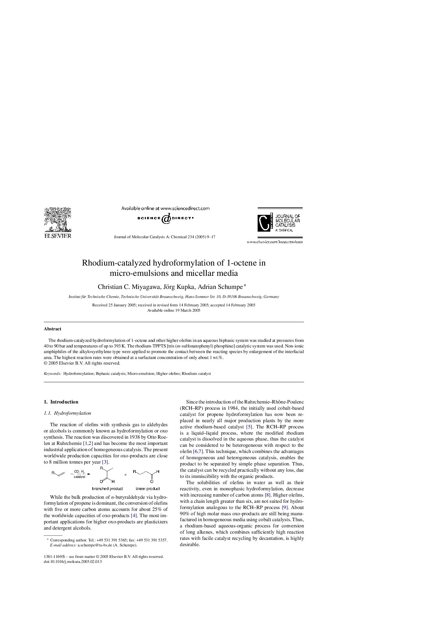 عکس صفحه اول مقاله: Rhodium-catalyzed hydroformylation of 1-octene in micro-emulsions and micellar media Rhodium-catalyzed hydroformylation of 1-octene in micro-emulsions and micellar media
