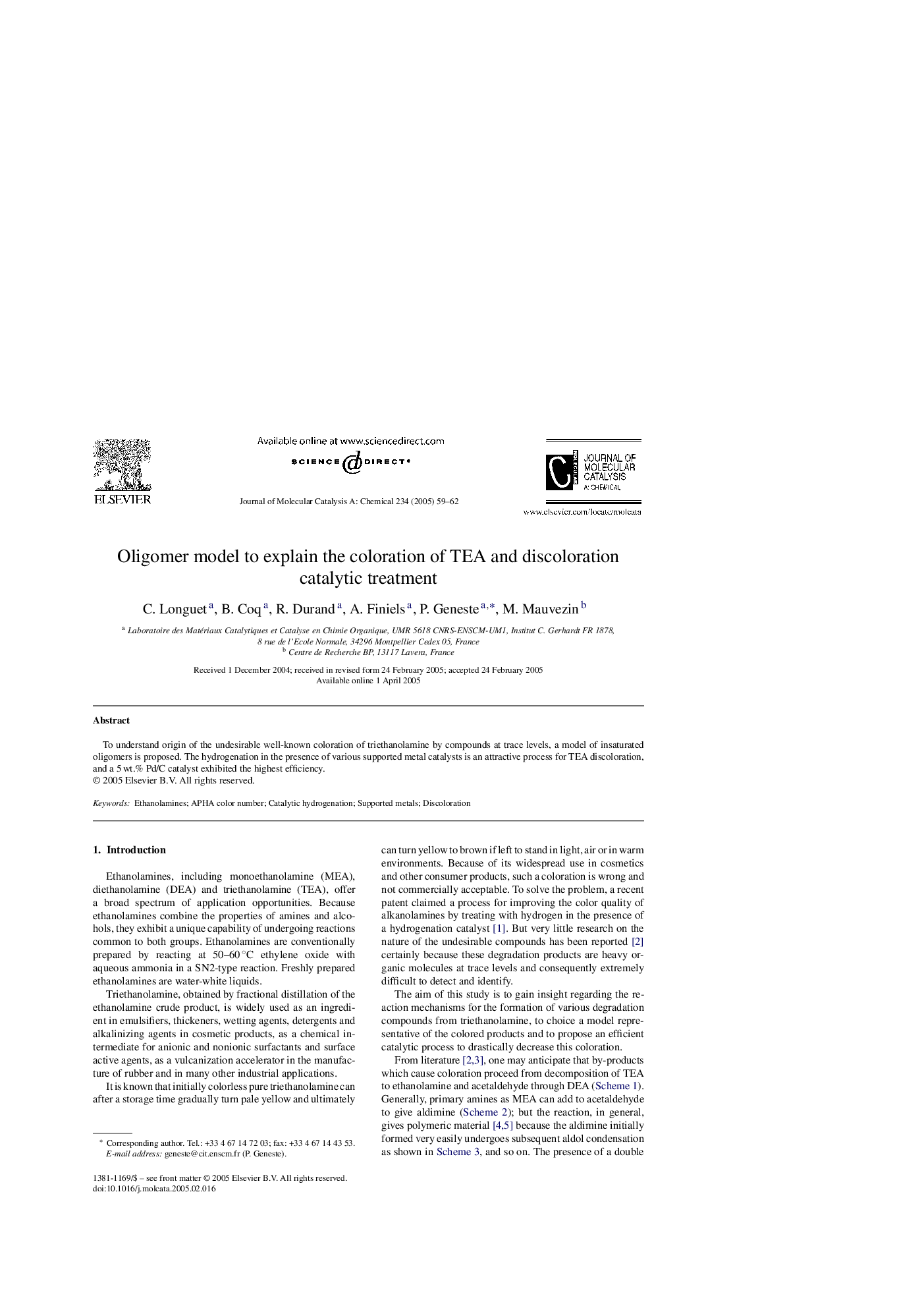 عکس صفحه اول مقاله: Oligomer model to explain the coloration of TEA and discoloration catalytic treatment Oligomer model to explain the coloration of TEA and discoloration catalytic treatment