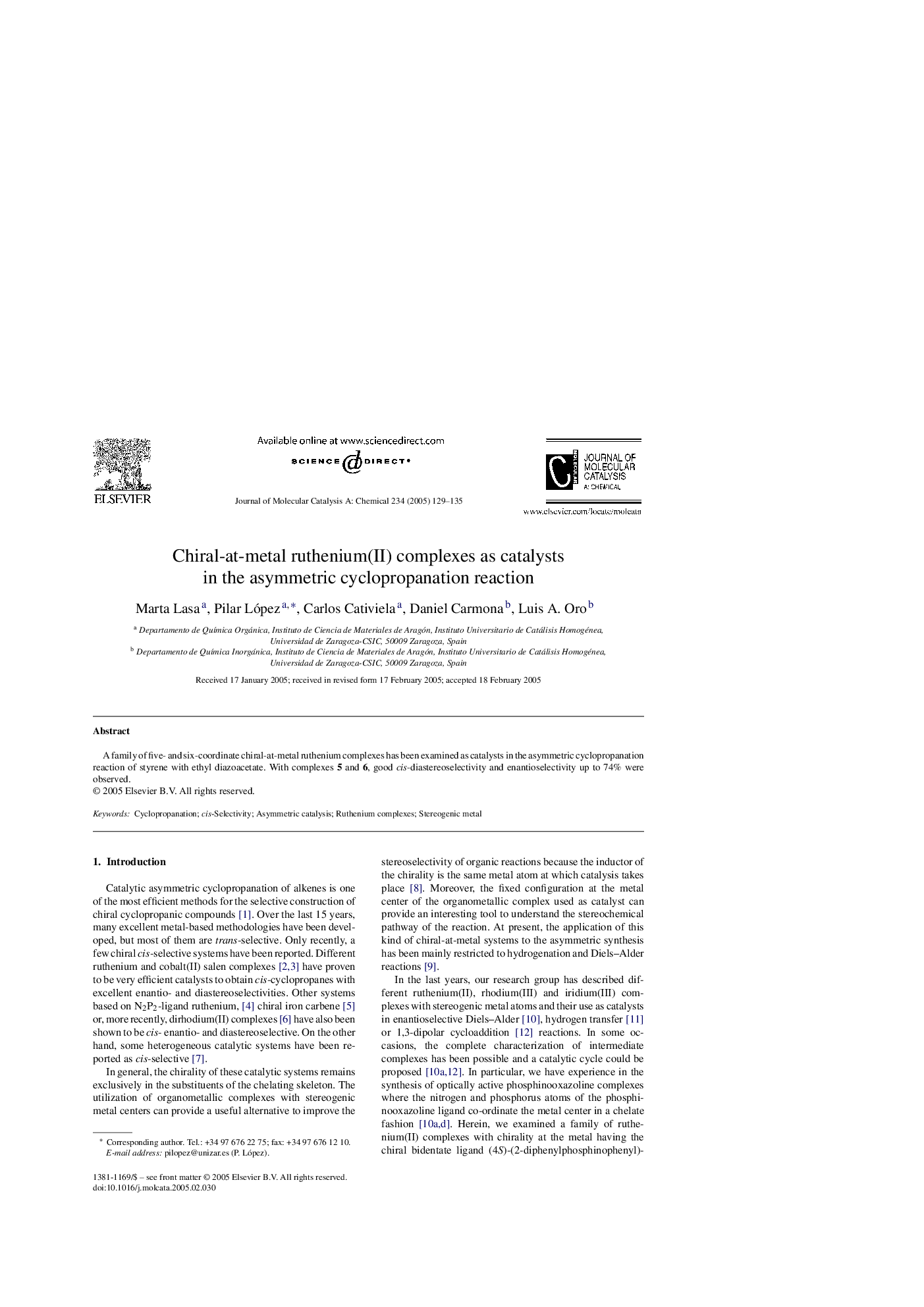 Chiral-at-metal ruthenium(II) complexes as catalysts in the asymmetric cyclopropanation reaction