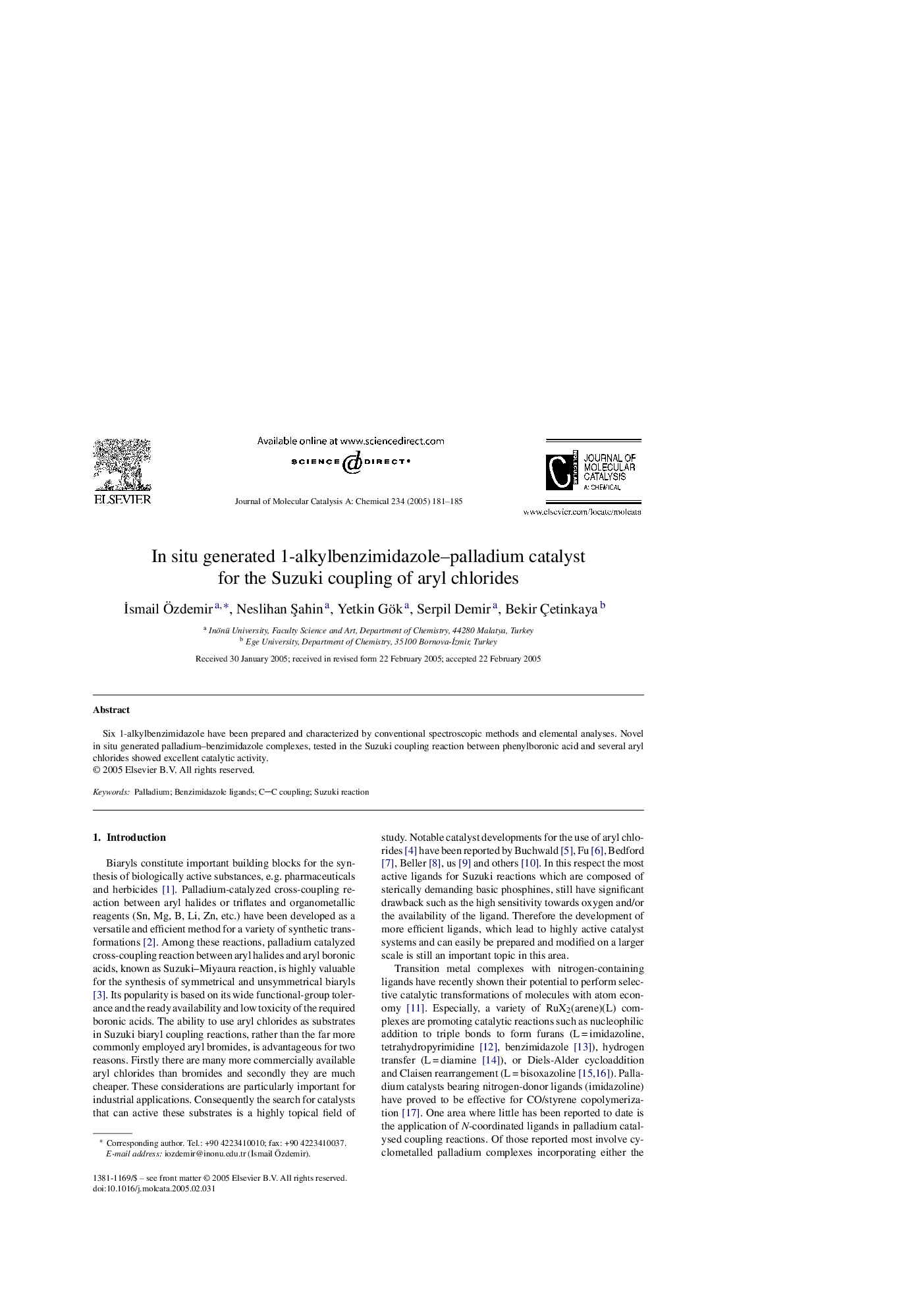 In situ generated 1-alkylbenzimidazole-palladium catalyst for the Suzuki coupling of aryl chlorides