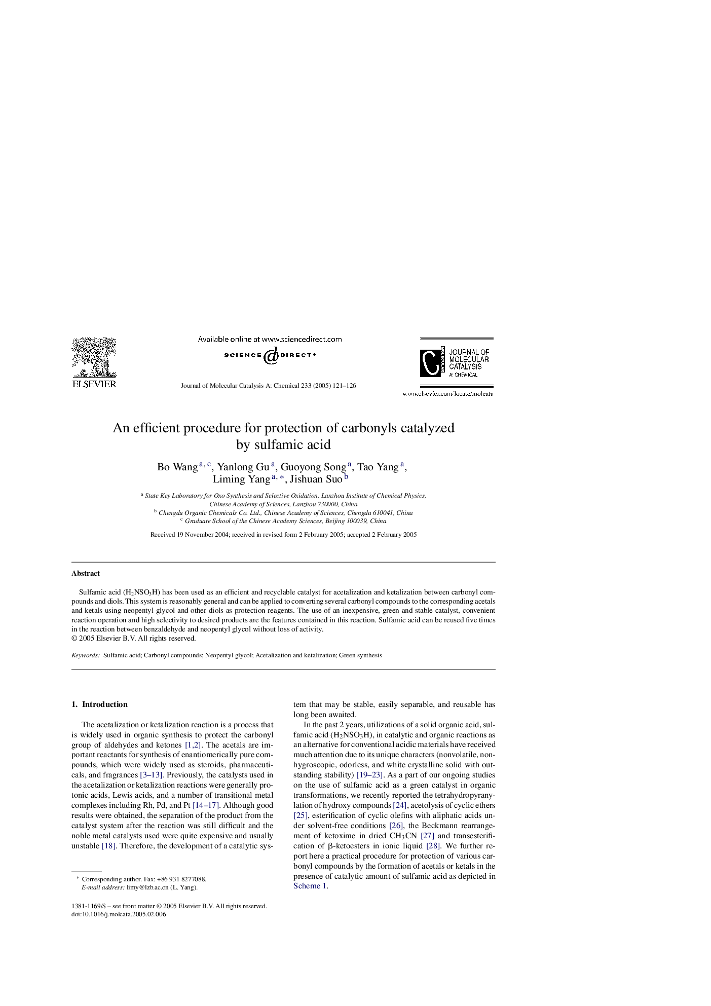 عکس صفحه اول مقاله: An efficient procedure for protection of carbonyls catalyzed by sulfamic acid An efficient procedure for protection of carbonyls catalyzed by sulfamic acid