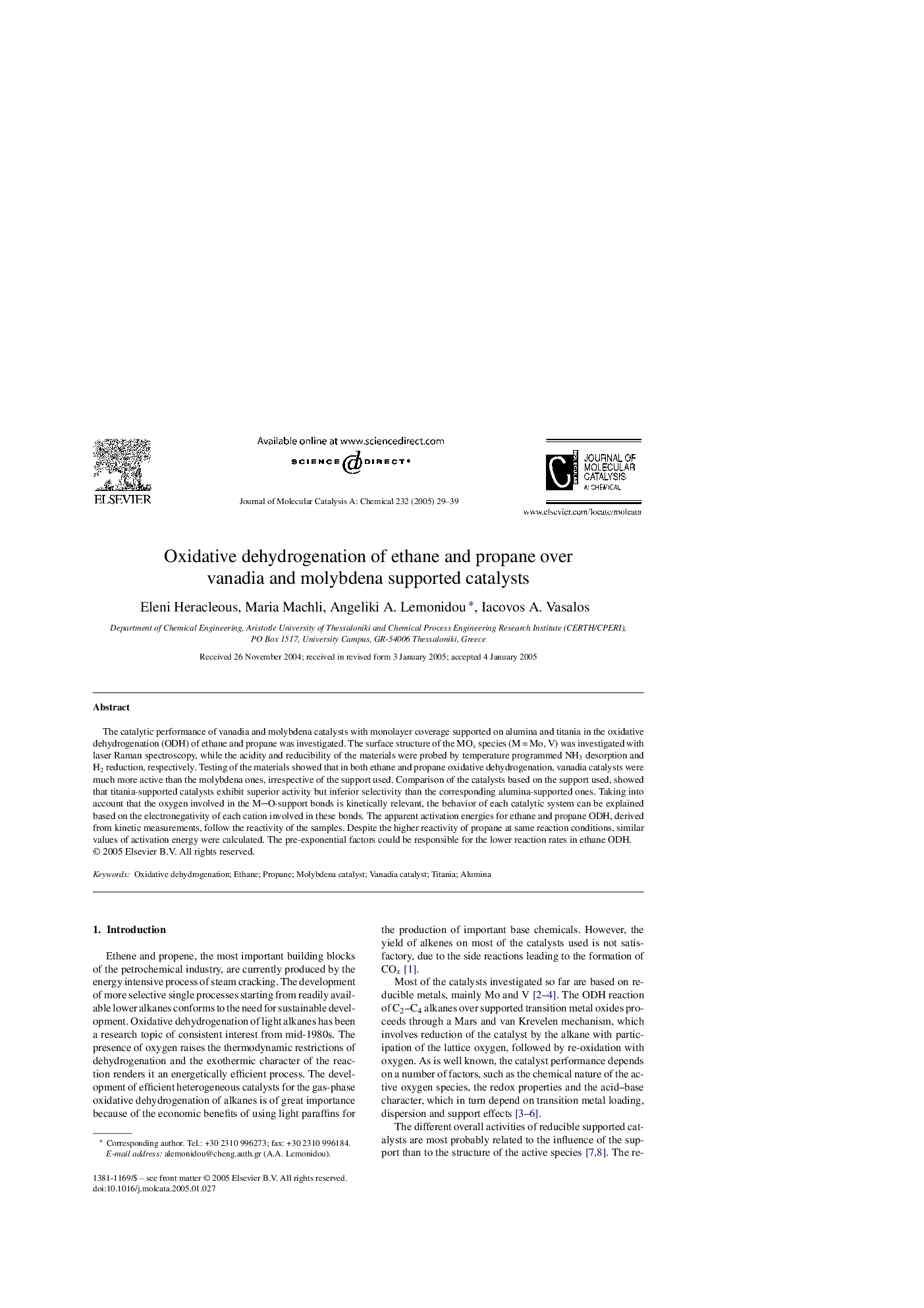 Oxidative dehydrogenation of ethane and propane over vanadia and molybdena supported catalysts