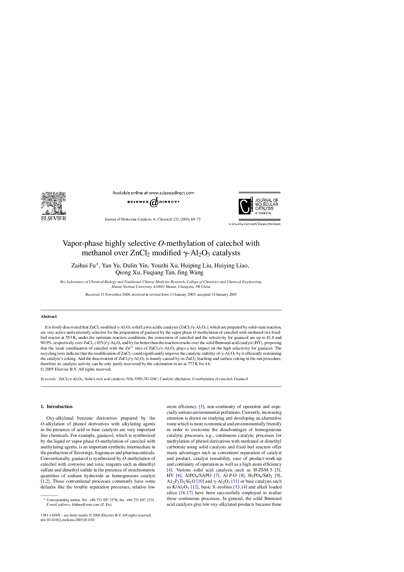 Vapor-phase highly selective O-methylation of catechol with methanol over ZnCl2 modified Î³-Al2O3 catalysts