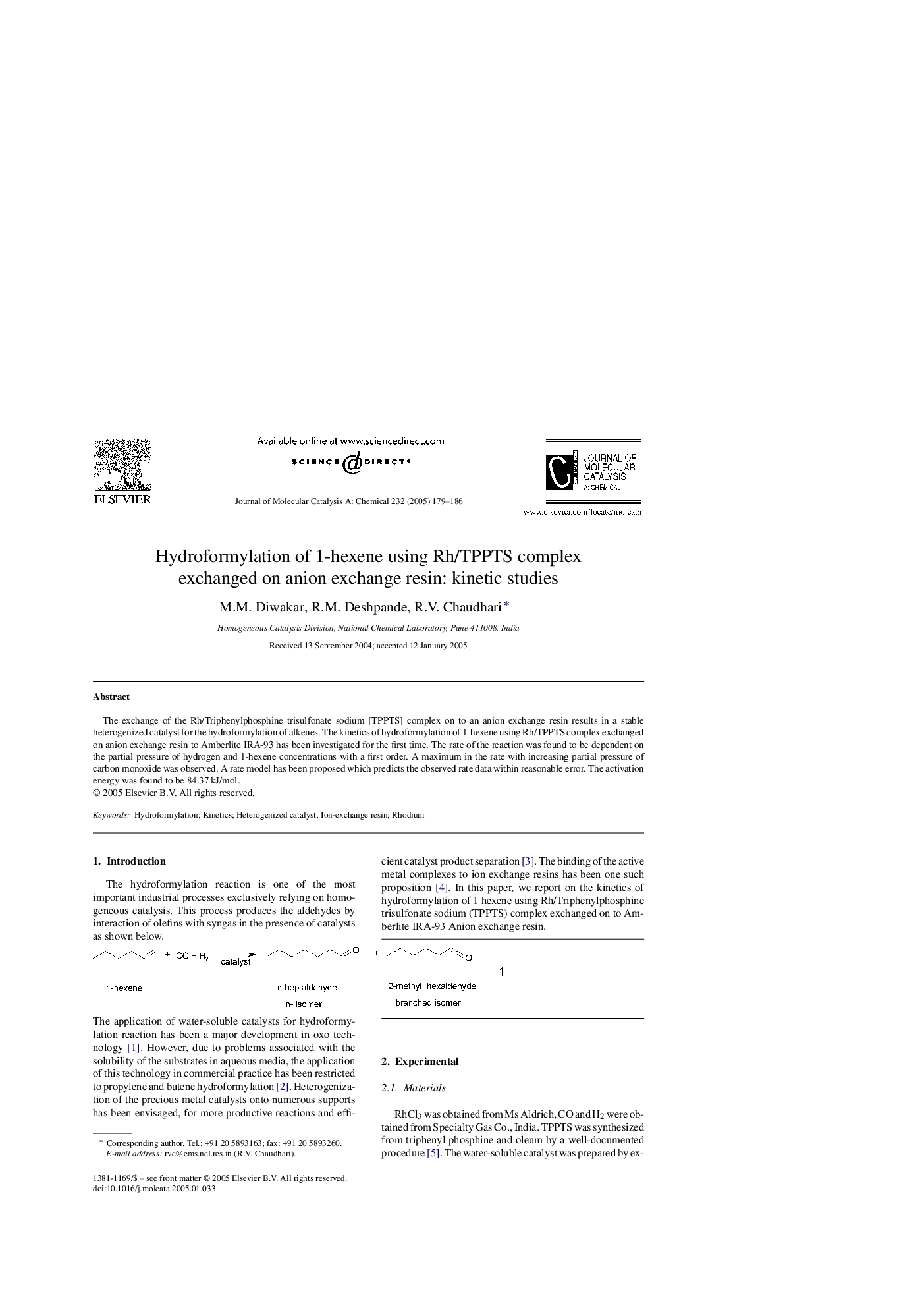 Hydroformylation of 1-hexene using Rh/TPPTS complex exchanged on anion exchange resin: kinetic studies