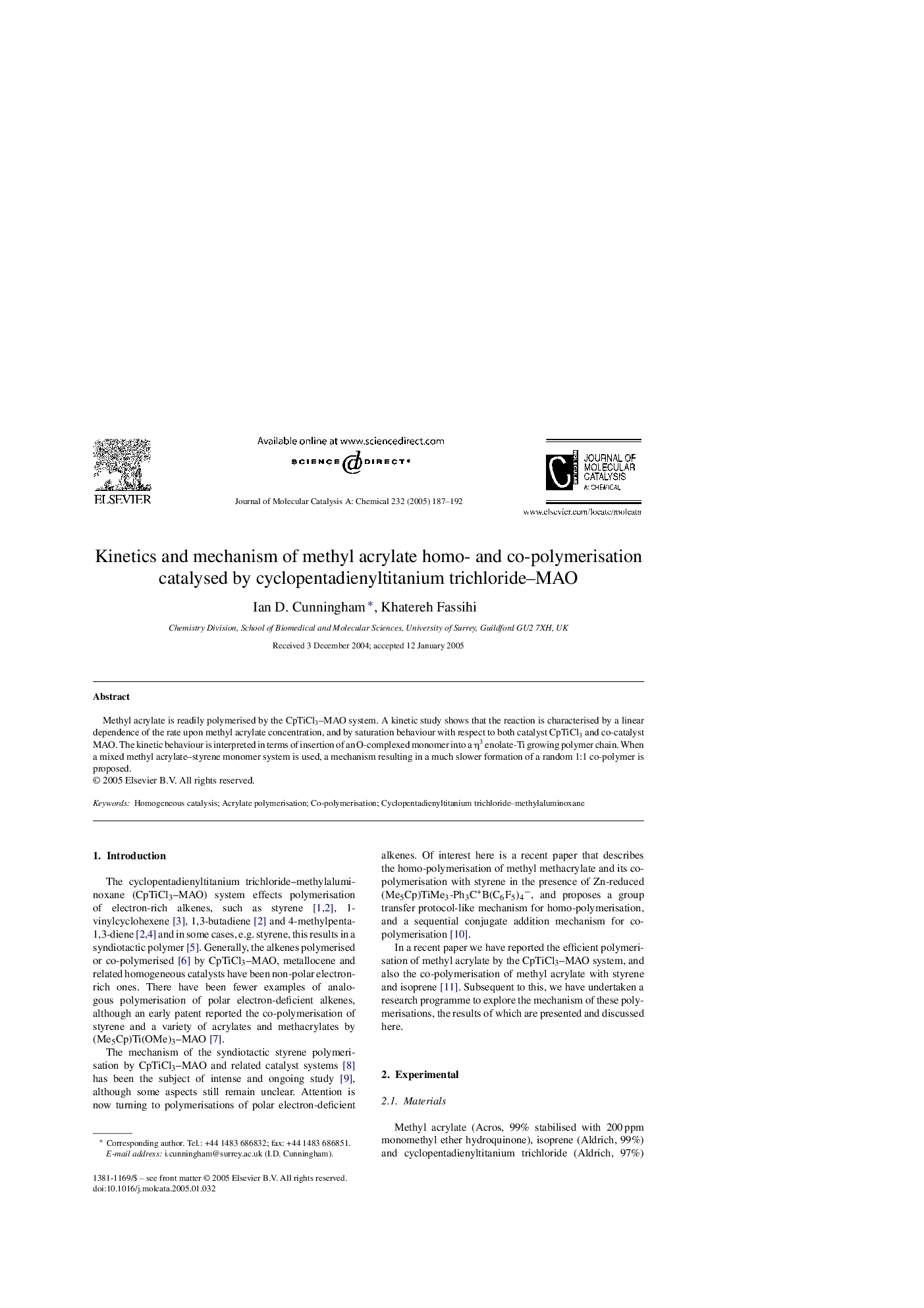 عکس صفحه اول مقاله: Kinetics and mechanism of methyl acrylate homo- and co-polymerisation catalysed by cyclopentadienyltitanium trichloride-MAO Kinetics and mechanism of methyl acrylate homo- and co-polymerisation catalysed by cyclopentadienyltitanium trichloride-MAO