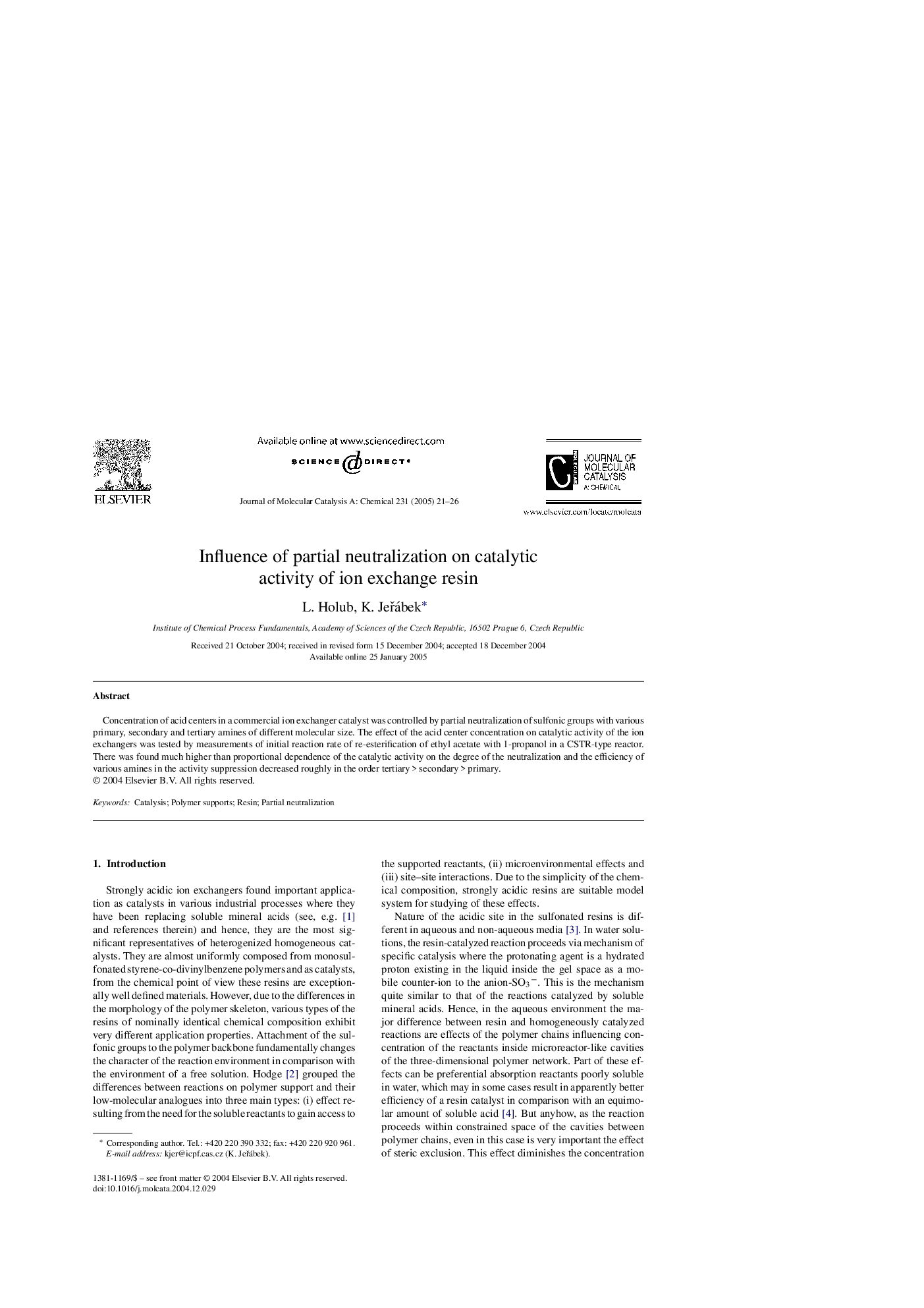 عکس صفحه اول مقاله: Influence of partial neutralization on catalytic activity of ion exchange resin Influence of partial neutralization on catalytic activity of ion exchange resin