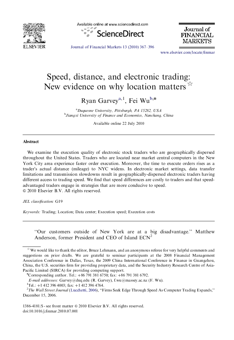 Speed, distance, and electronic trading: New evidence on why location matters