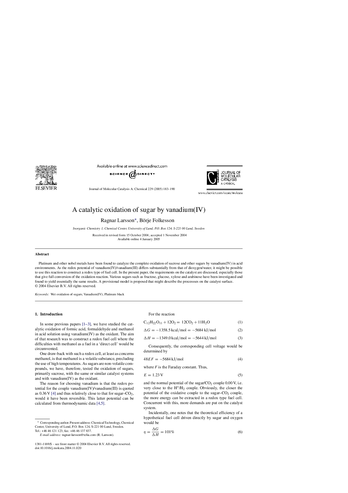 A catalytic oxidation of sugar by vanadium(IV)