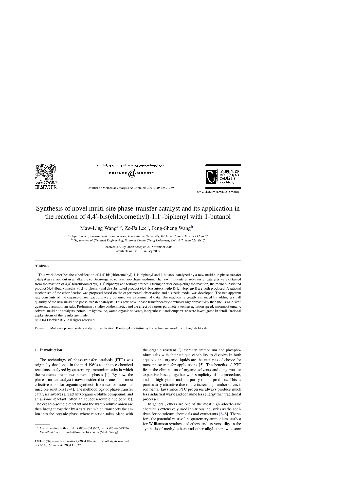 Synthesis of novel multi-site phase-transfer catalyst and its application in the reaction of 4,4â²-bis(chloromethyl)-1,1â²-biphenyl with 1-butanol