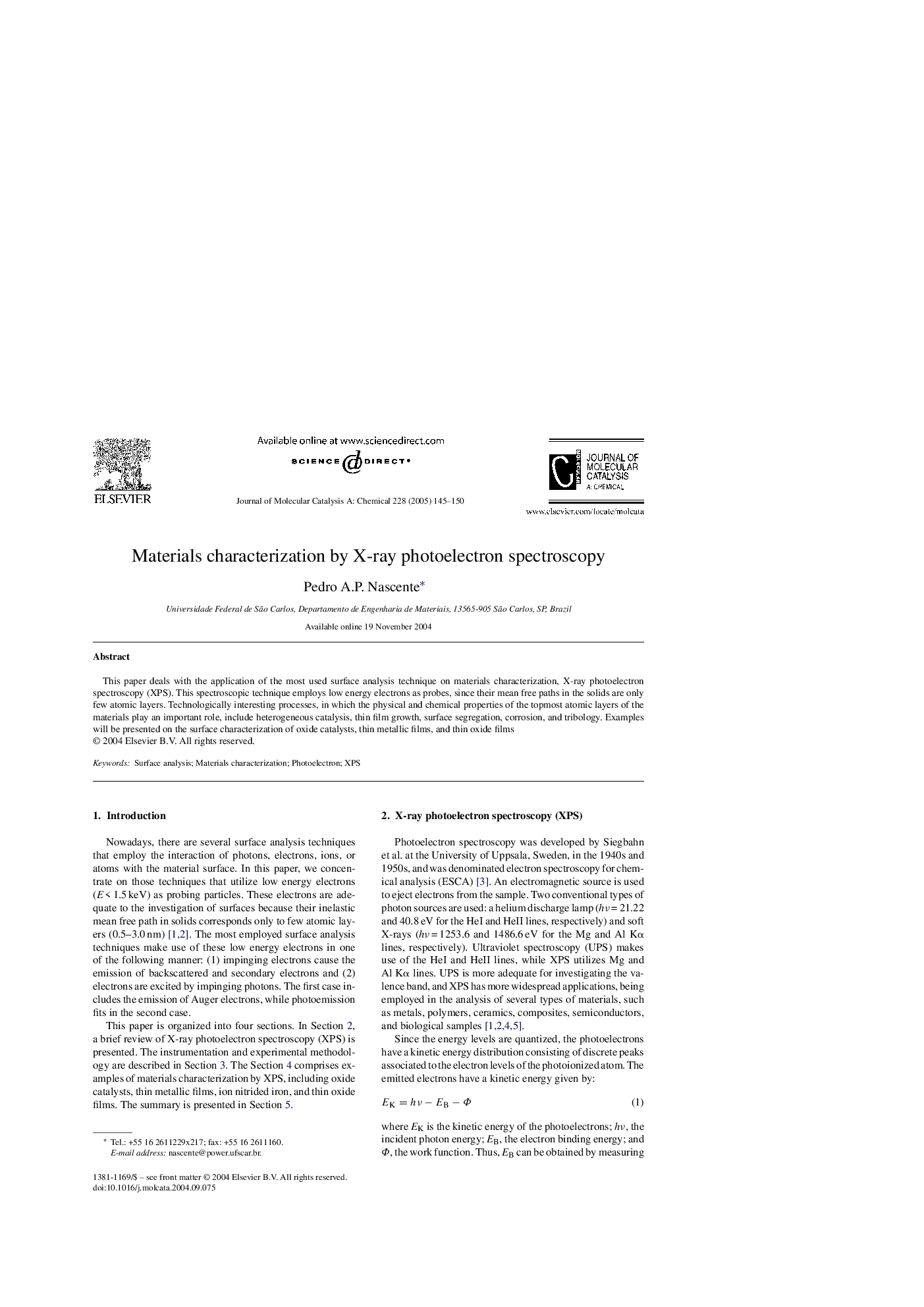 Materials characterization by X-ray photoelectron spectroscopy