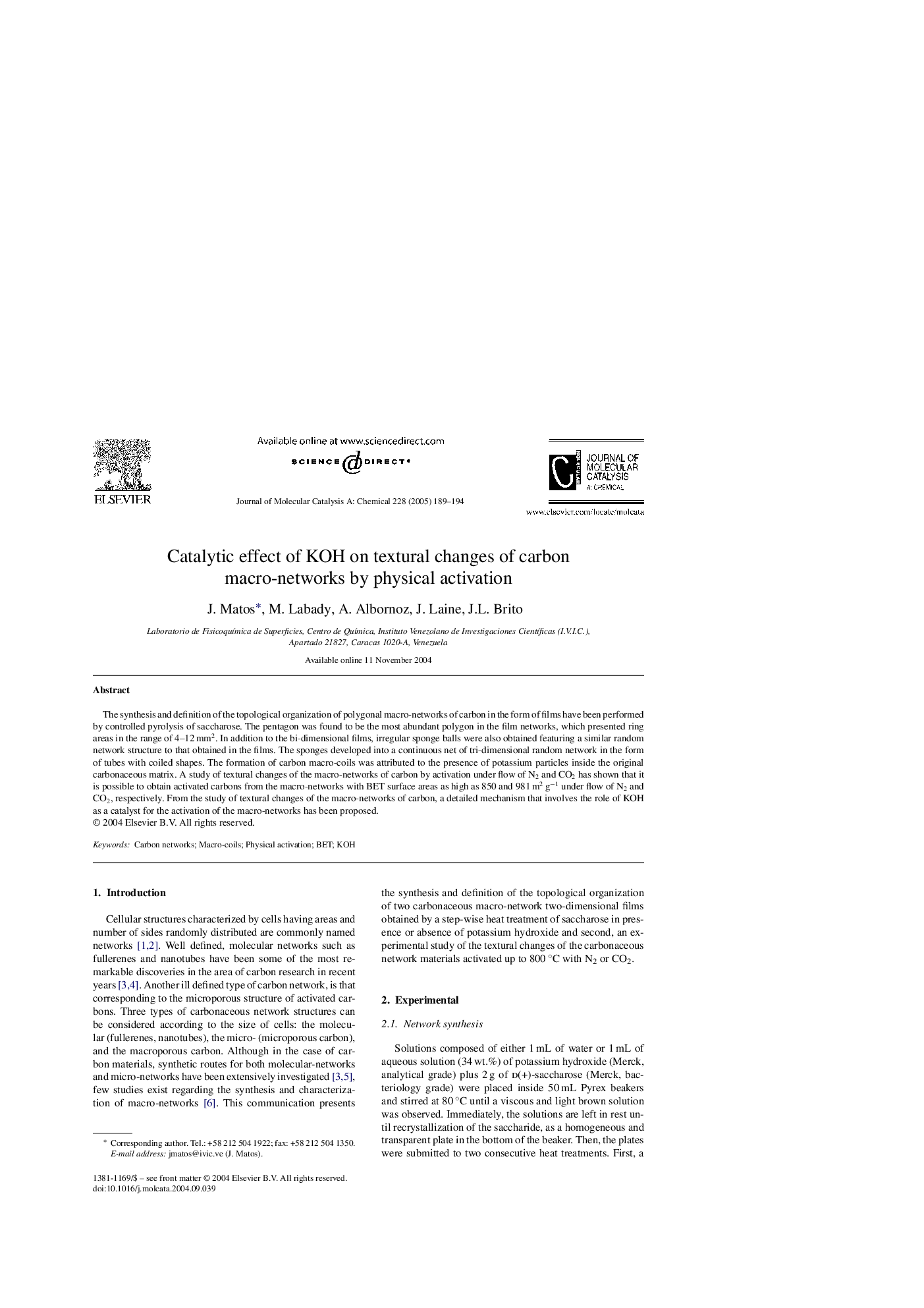 عکس صفحه اول مقاله: Catalytic effect of KOH on textural changes of carbon macro-networks by physical activation Catalytic effect of KOH on textural changes of carbon macro-networks by physical activation