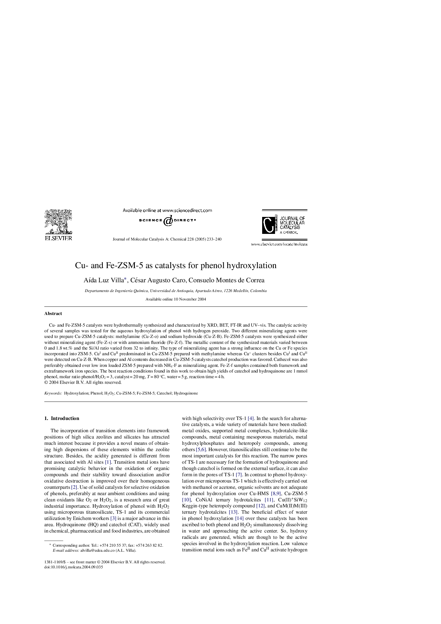 Cu- and Fe-ZSM-5 as catalysts for phenol hydroxylation