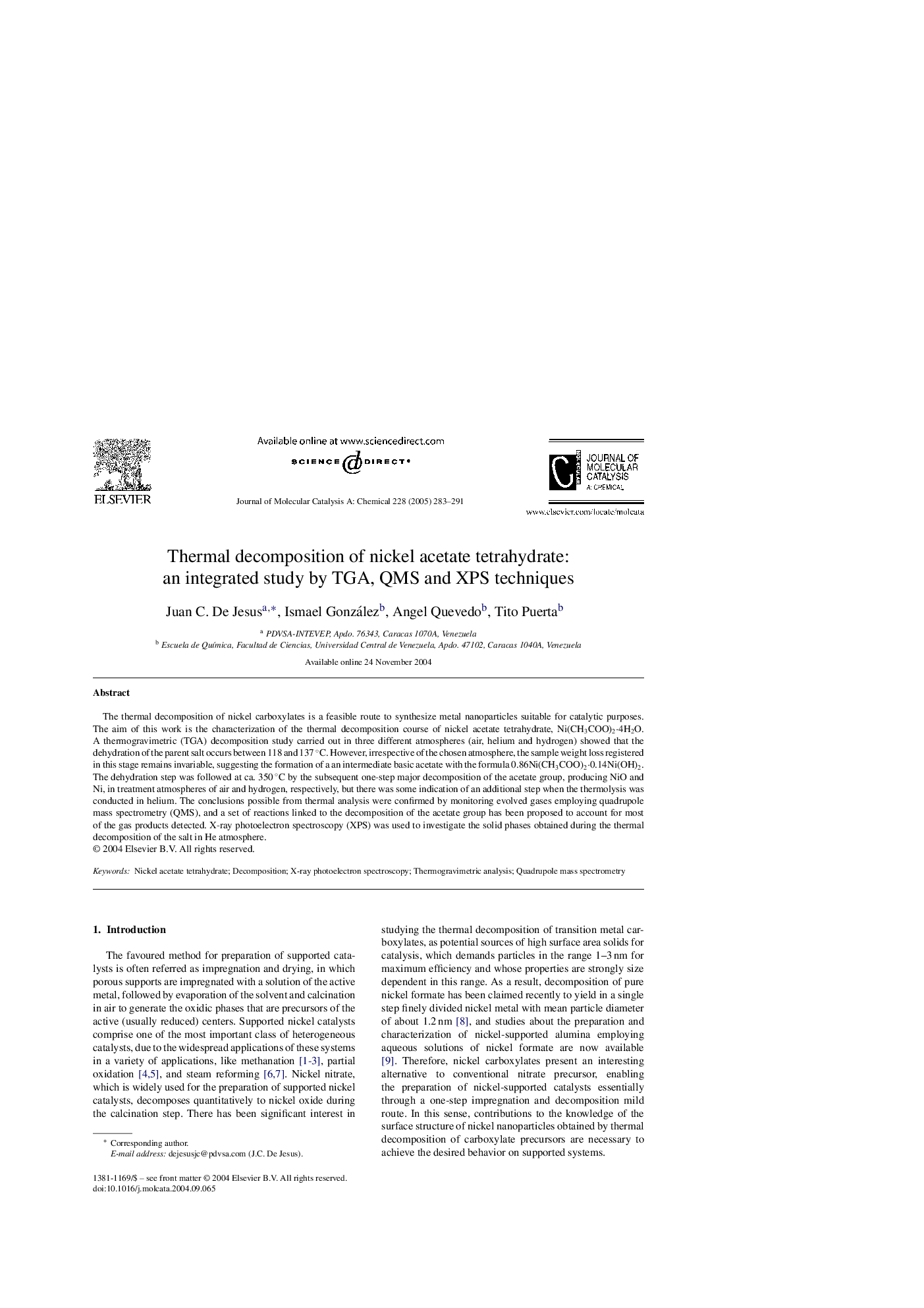 عکس صفحه اول مقاله: Thermal decomposition of nickel acetate tetrahydrate: an integrated study by TGA, QMS and XPS techniques Thermal decomposition of nickel acetate tetrahydrate: an integrated study by TGA, QMS and XPS techniques