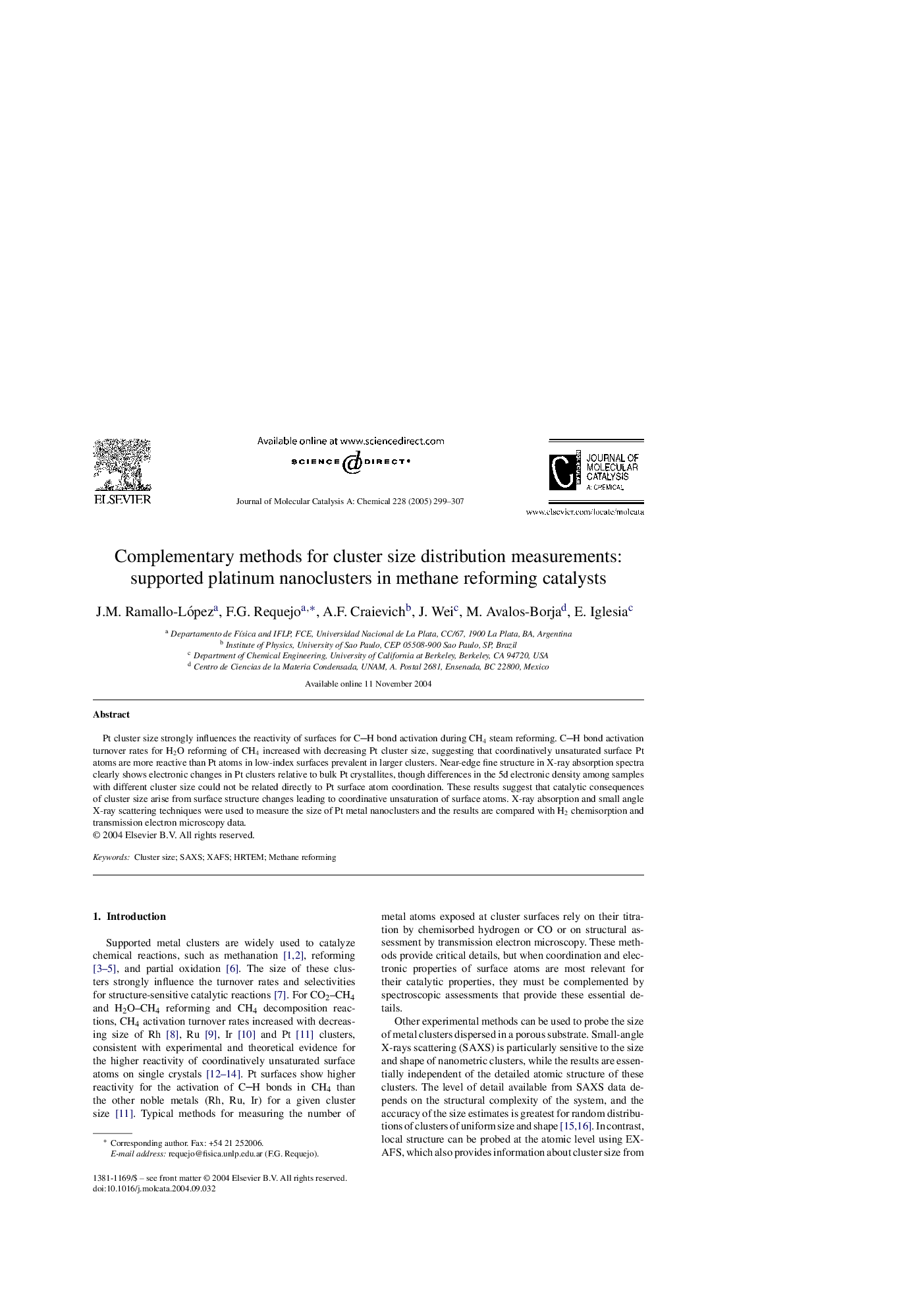 Complementary methods for cluster size distribution measurements: supported platinum nanoclusters in methane reforming catalysts