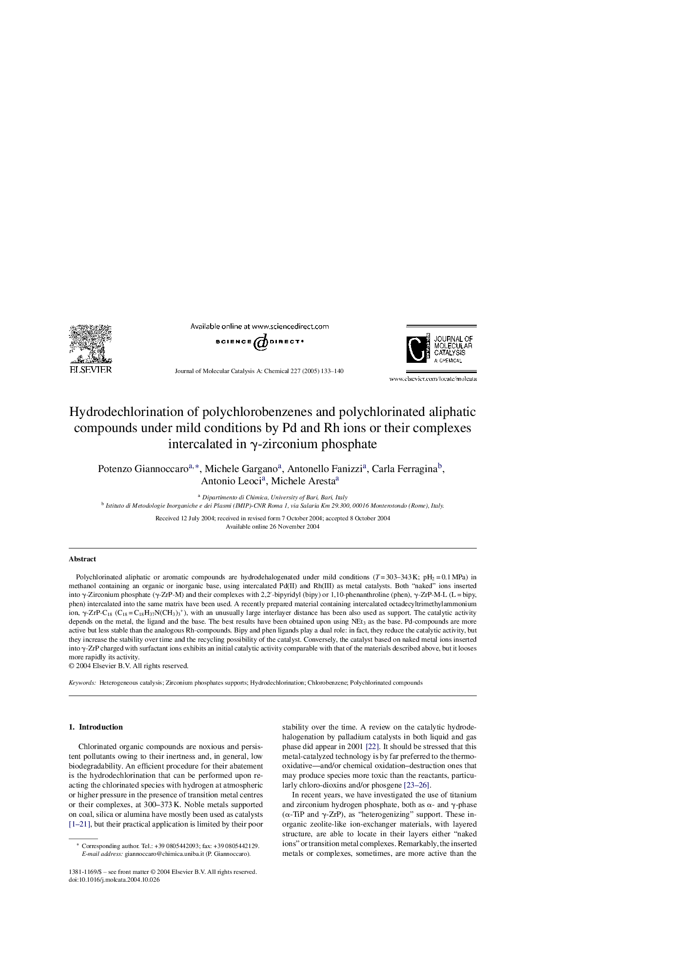 Hydrodechlorination of polychlorobenzenes and polychlorinated aliphatic compounds under mild conditions by Pd and Rh ions or their complexes intercalated in Î³-zirconium phosphate