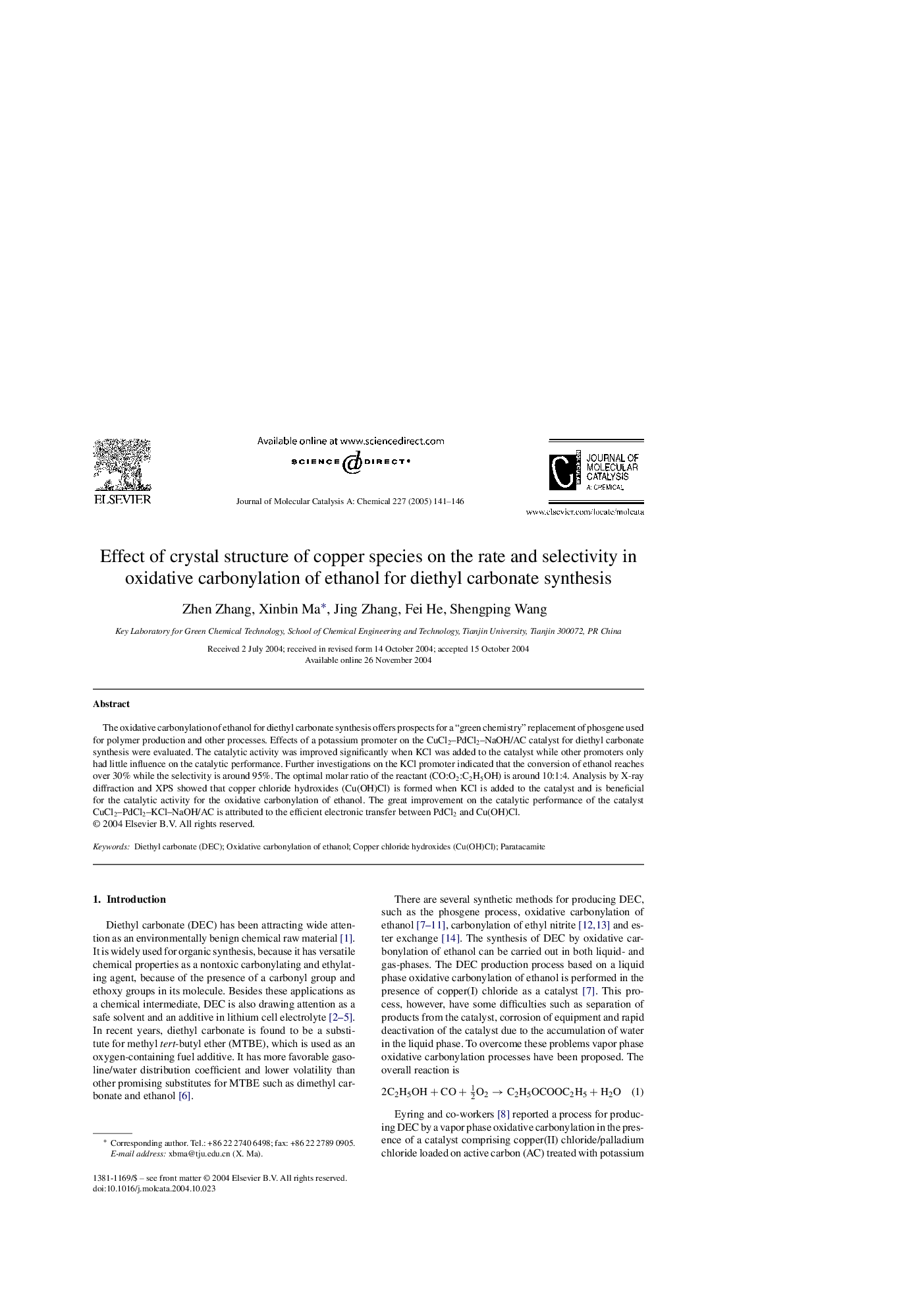 Effect of crystal structure of copper species on the rate and selectivity in oxidative carbonylation of ethanol for diethyl carbonate synthesis