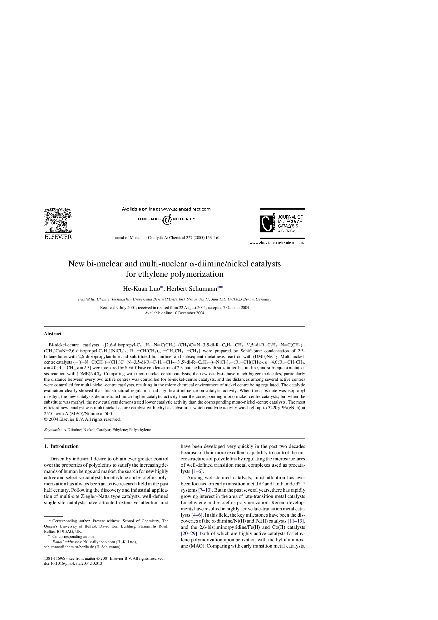 New bi-nuclear and multi-nuclear Î±-diimine/nickel catalysts for ethylene polymerization