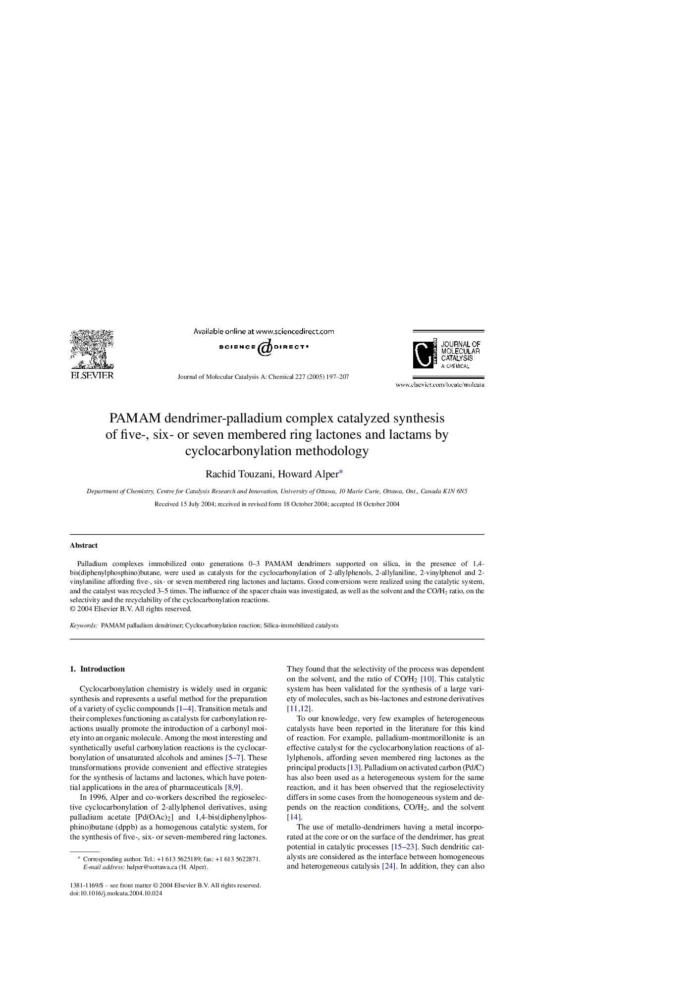 PAMAM dendrimer-palladium complex catalyzed synthesis of five-, six- or seven membered ring lactones and lactams by cyclocarbonylation methodology