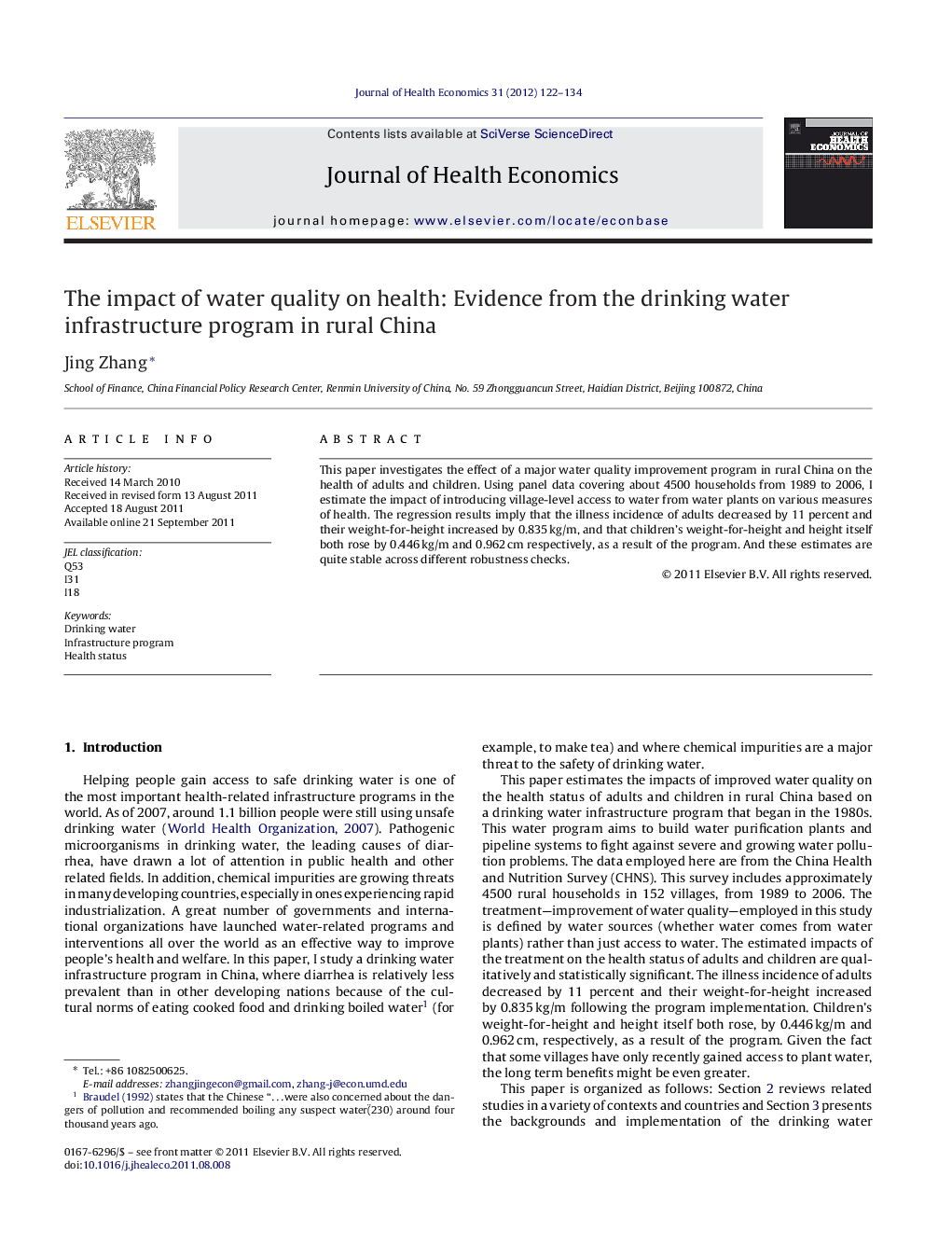 The impact of water quality on health: Evidence from the drinking water infrastructure program in rural China