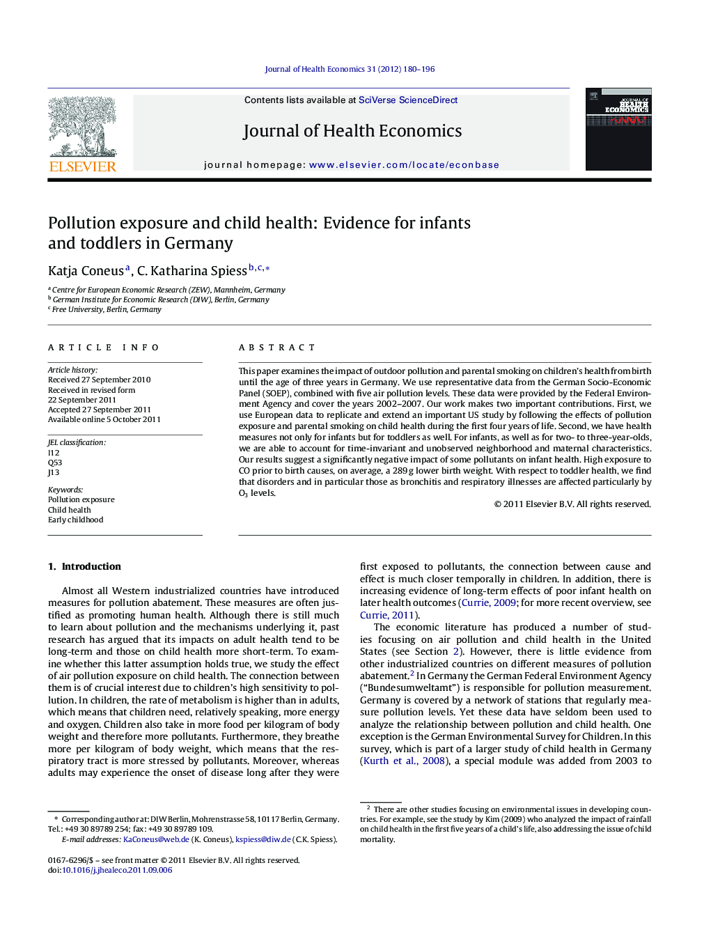 Pollution exposure and child health: Evidence for infants and toddlers in Germany