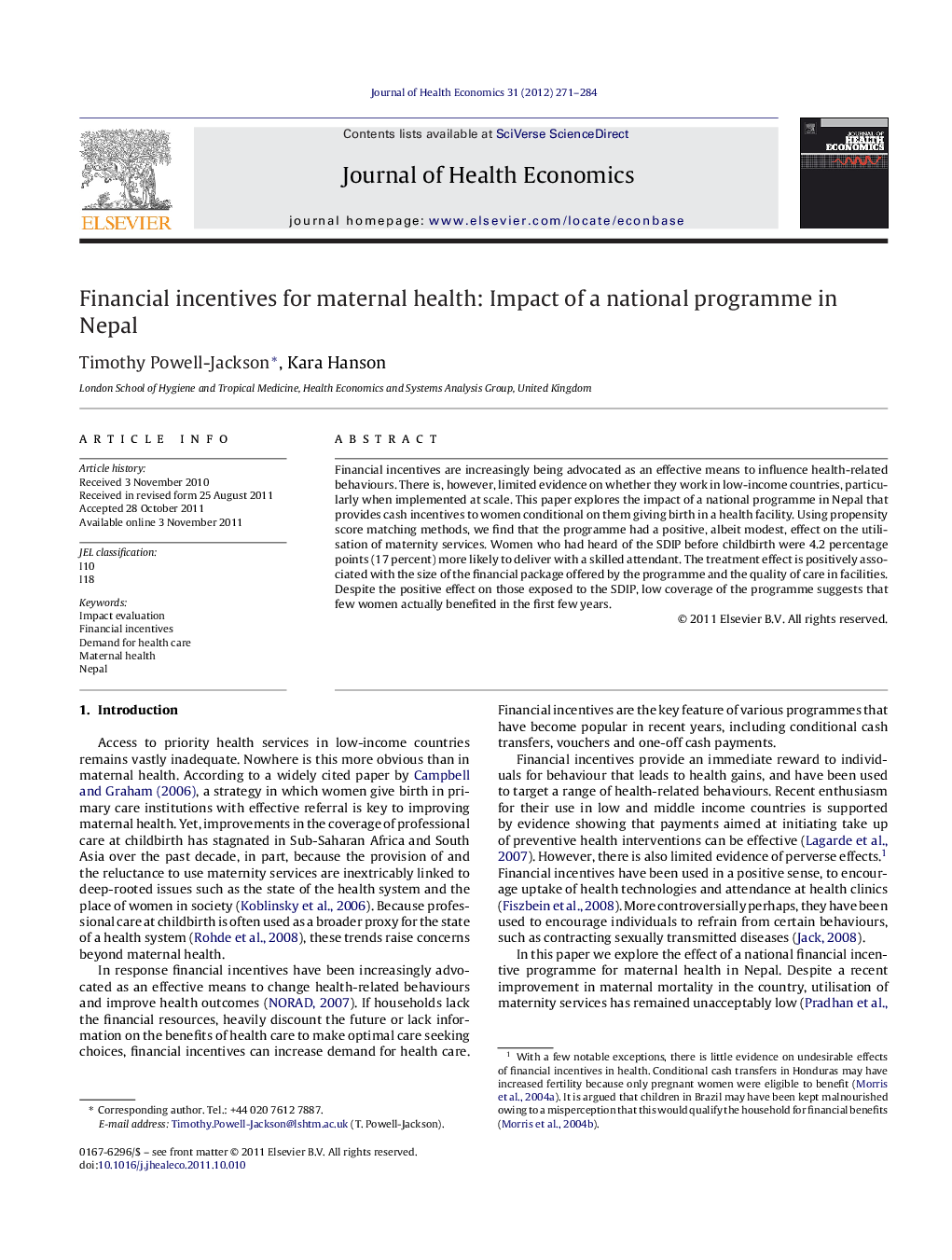 Financial incentives for maternal health: Impact of a national programme in Nepal