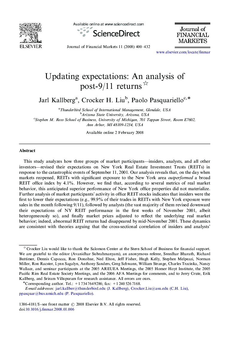 Updating expectations: An analysis of post-9/11 returns