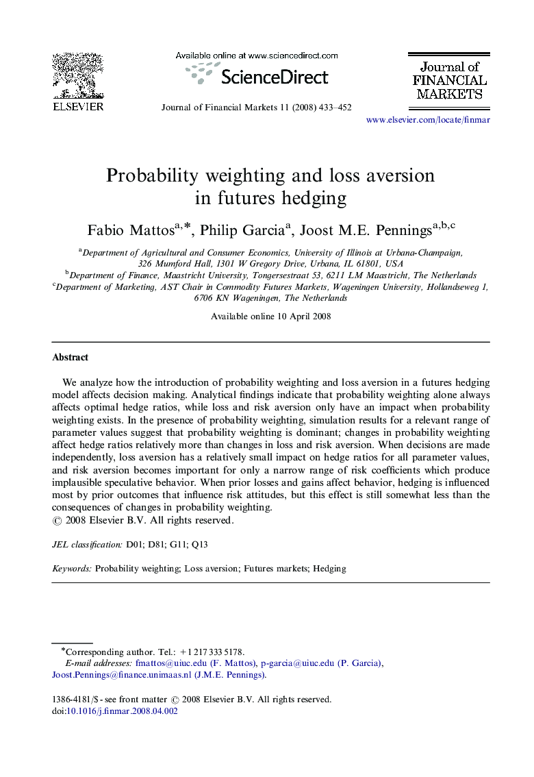 Probability weighting and loss aversion in futures hedging
