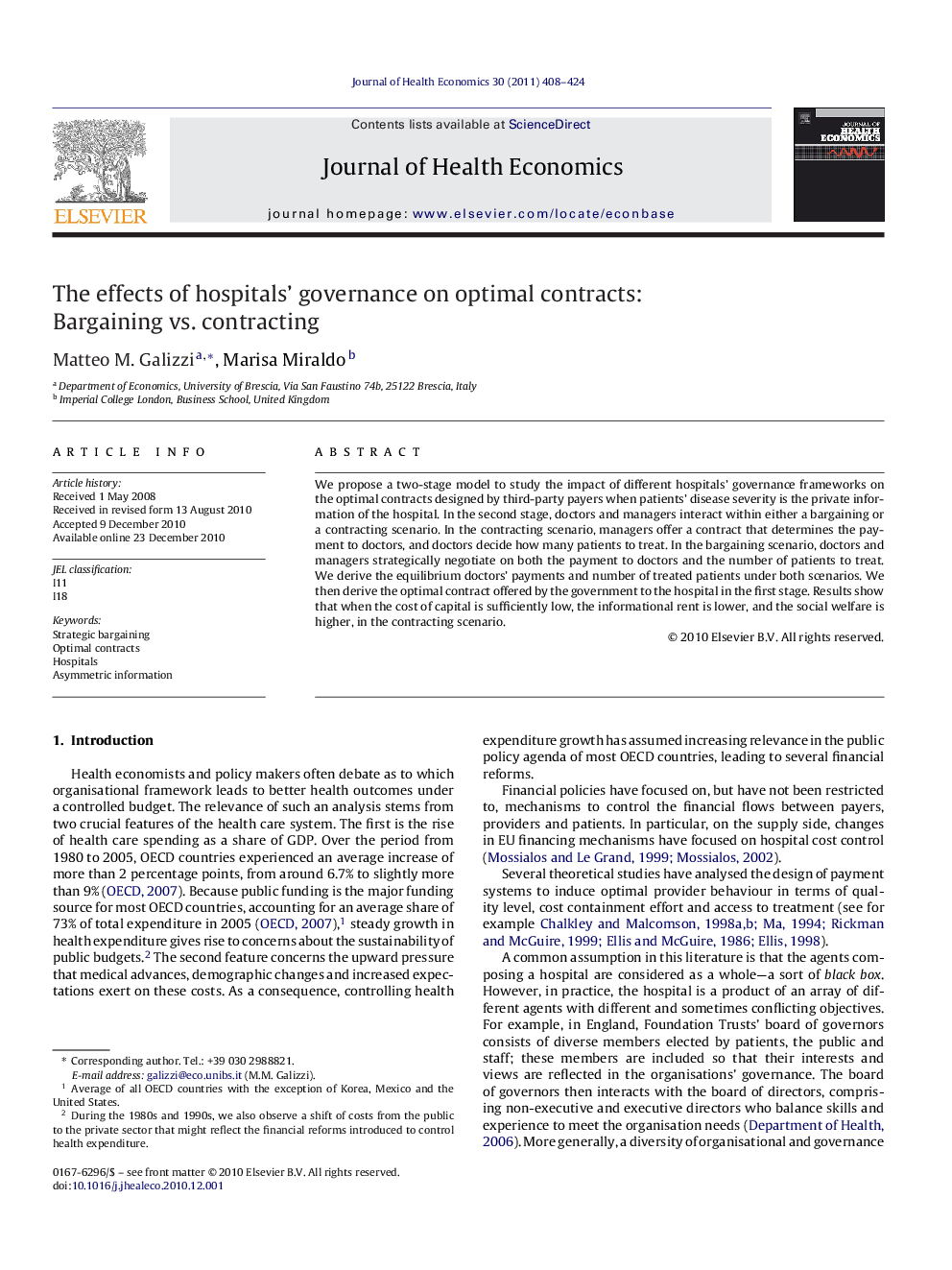 The effects of hospitals' governance on optimal contracts: Bargaining vs. contracting