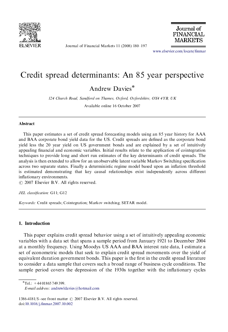 Credit spread determinants: An 85 year perspective
