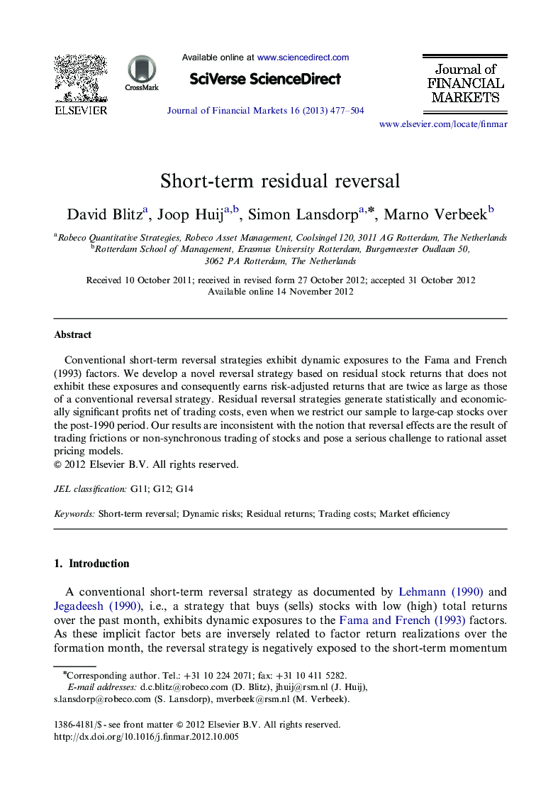 Short-term residual reversal