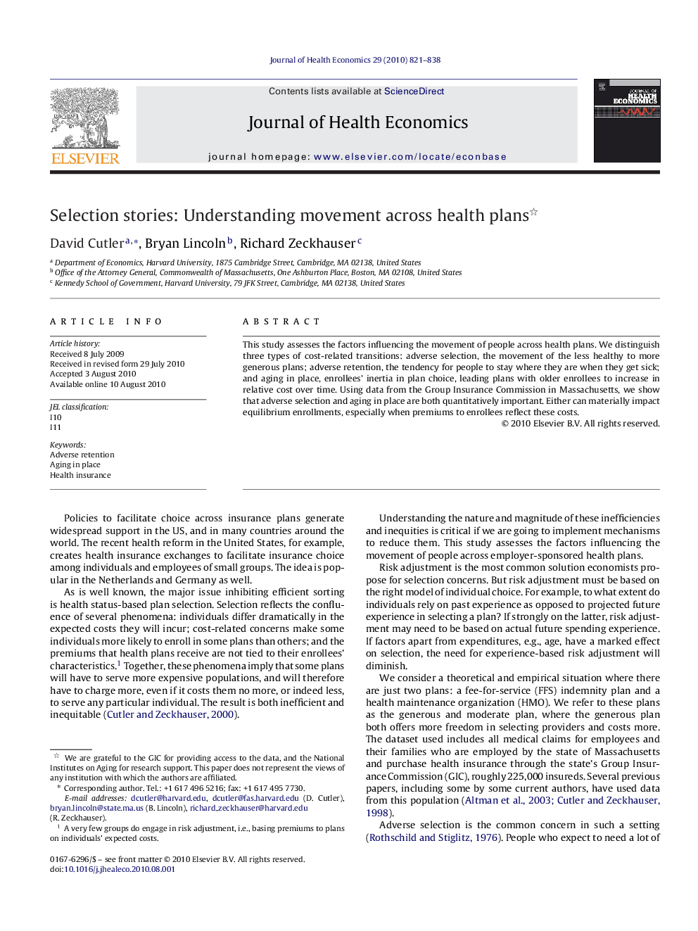 عکس صفحه اول مقاله: Selection stories: Understanding movement across health plans Selection stories: Understanding movement across health plans