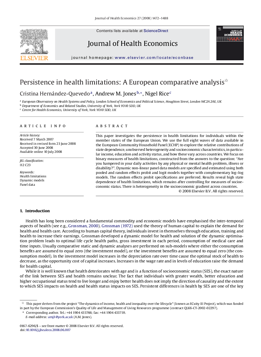 Persistence in health limitations: A European comparative analysis