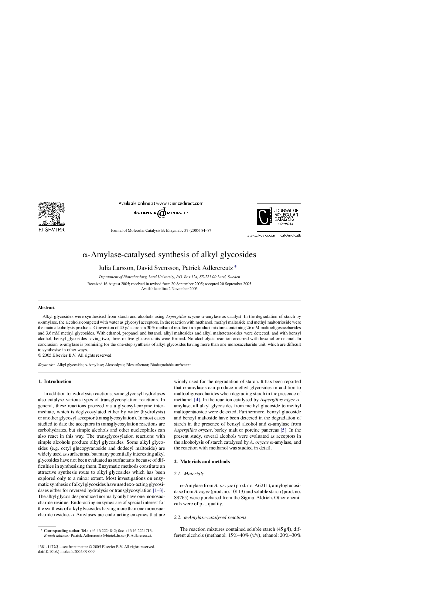 Î±-Amylase-catalysed synthesis of alkyl glycosides