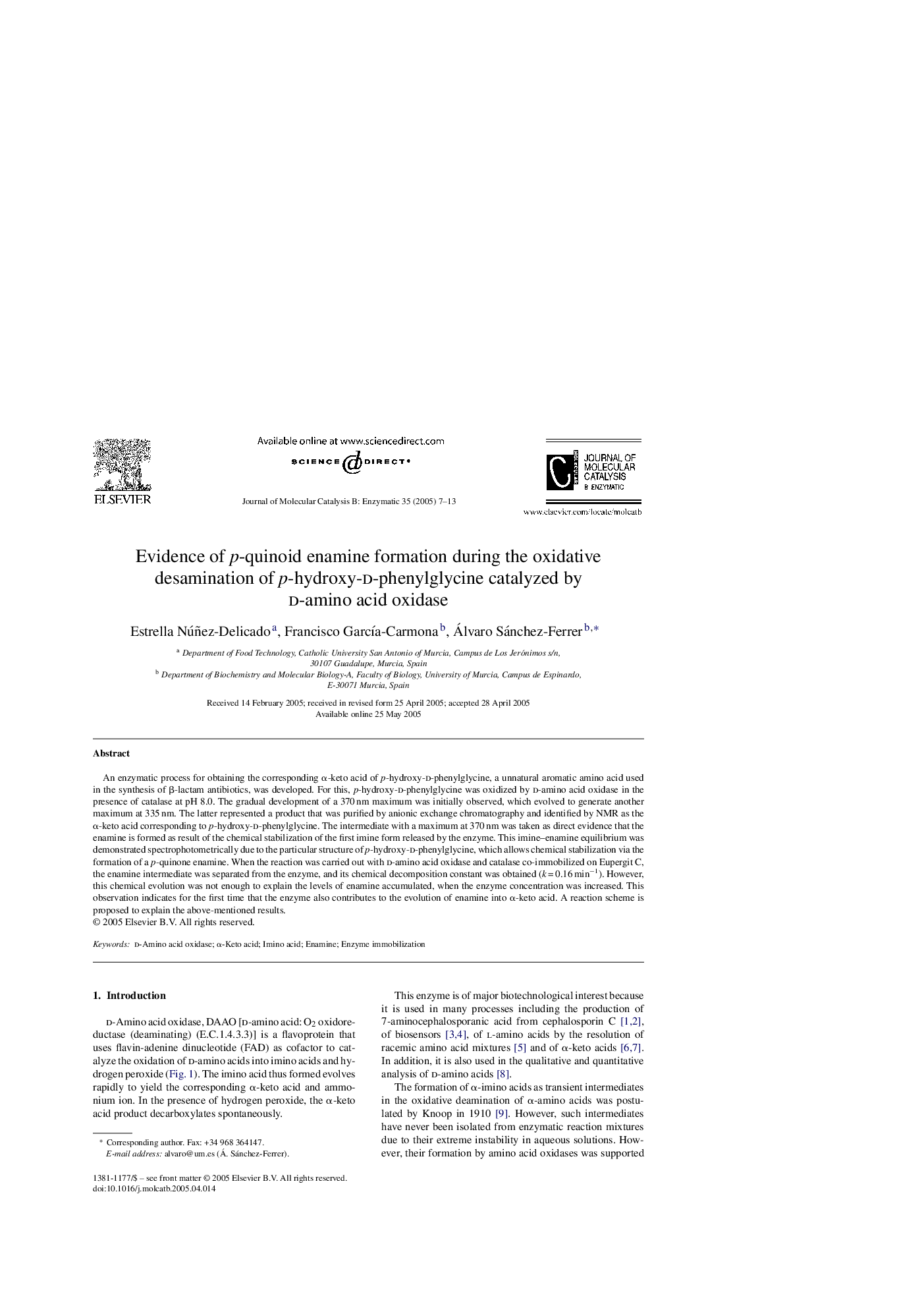 عکس صفحه اول مقاله: Evidence of p-quinoid enamine formation during the oxidative desamination of p-hydroxy-d-phenylglycine catalyzed by d-amino acid oxidase Evidence of p-quinoid enamine formation during the oxidative desamination of p-hydroxy-d-phenylglycine catalyzed by d-amino acid oxidase